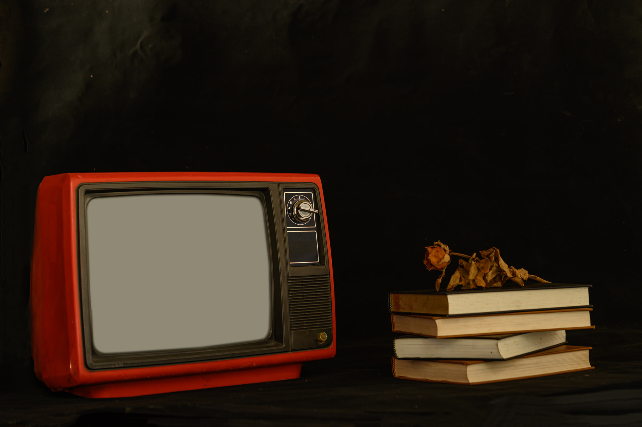 Old retro TV is still life by Dried flowers placed on books.