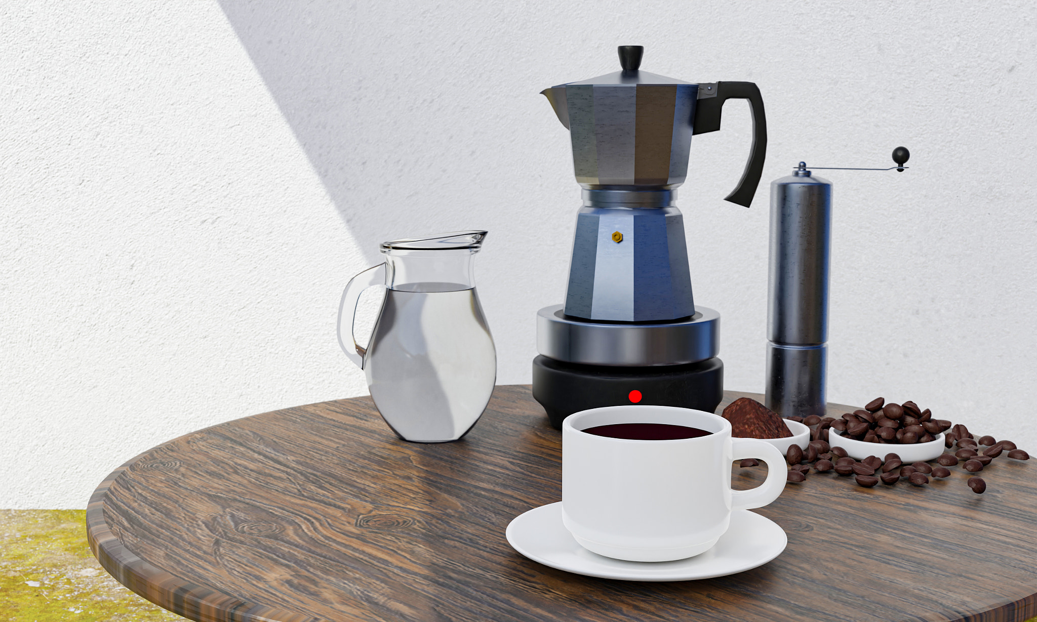 Black coffee in a white mug. Moka pot on portable electric stove Coffee bean grinder. The wooden tab