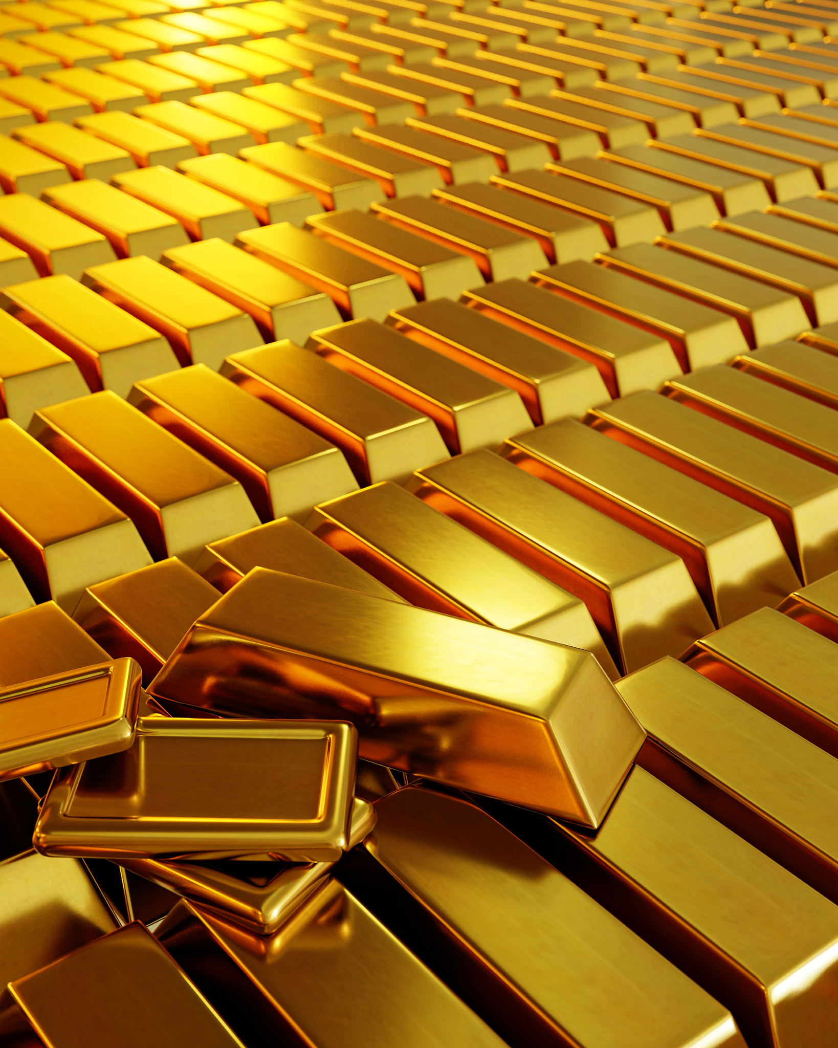 Lots of gold bars are arranged and arranged in a row. Conveys business lines and gold or stock marke