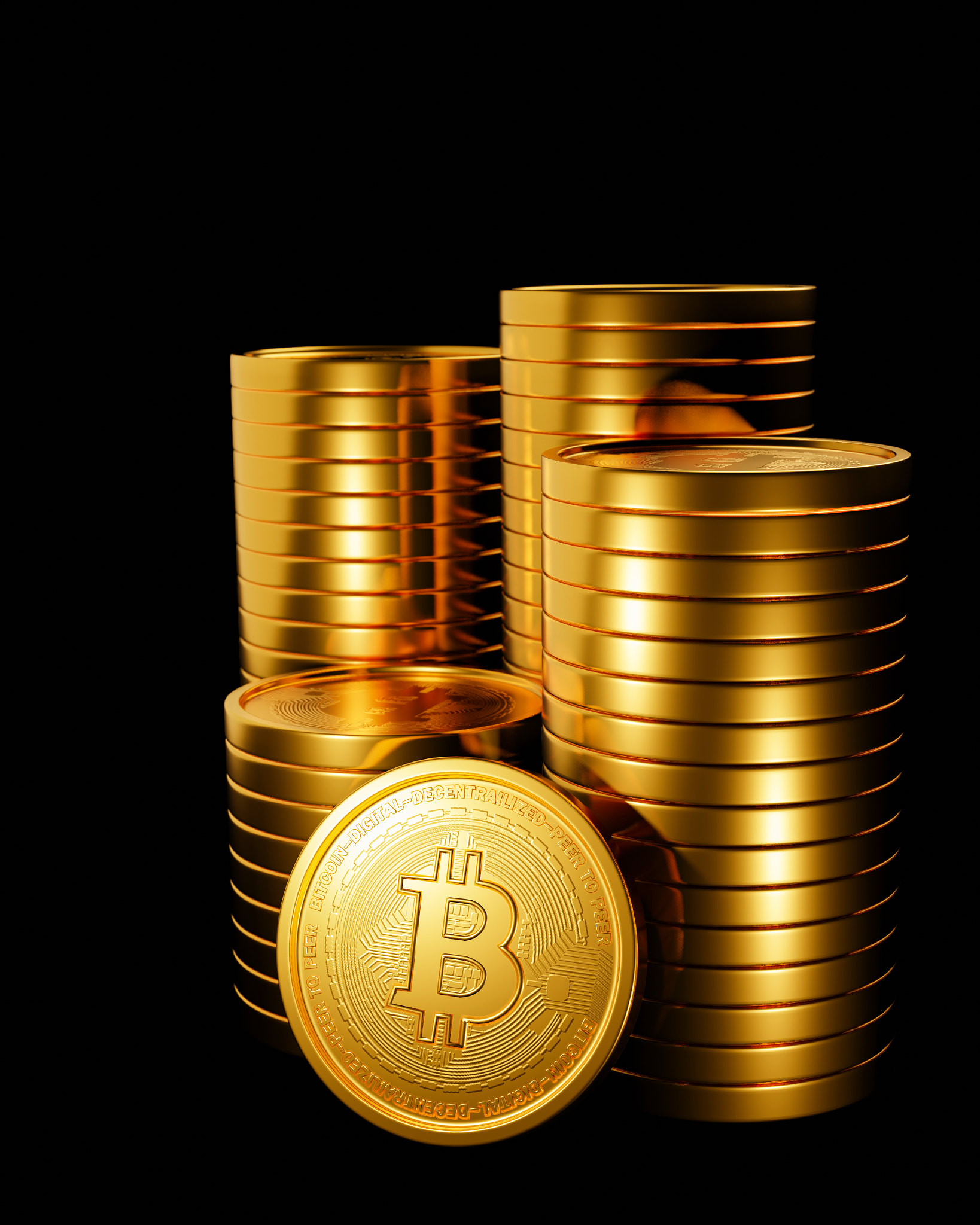 The gold coin has a bitcoin symbol. cryptocurrency The coin format is stacked on a black background.