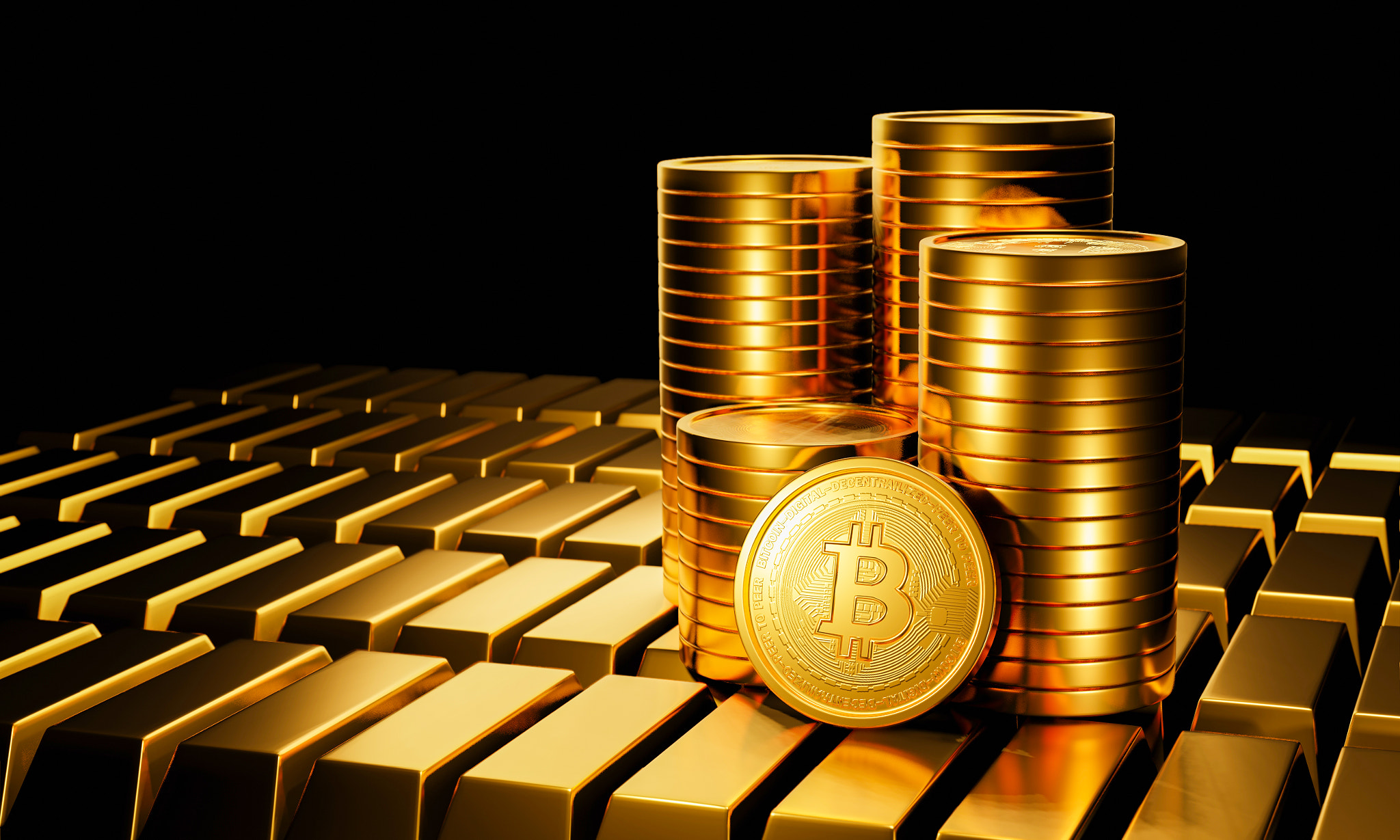 The gold coin has a bitcoin symbol. cryptocurrency The coin format is stacked on a black background.