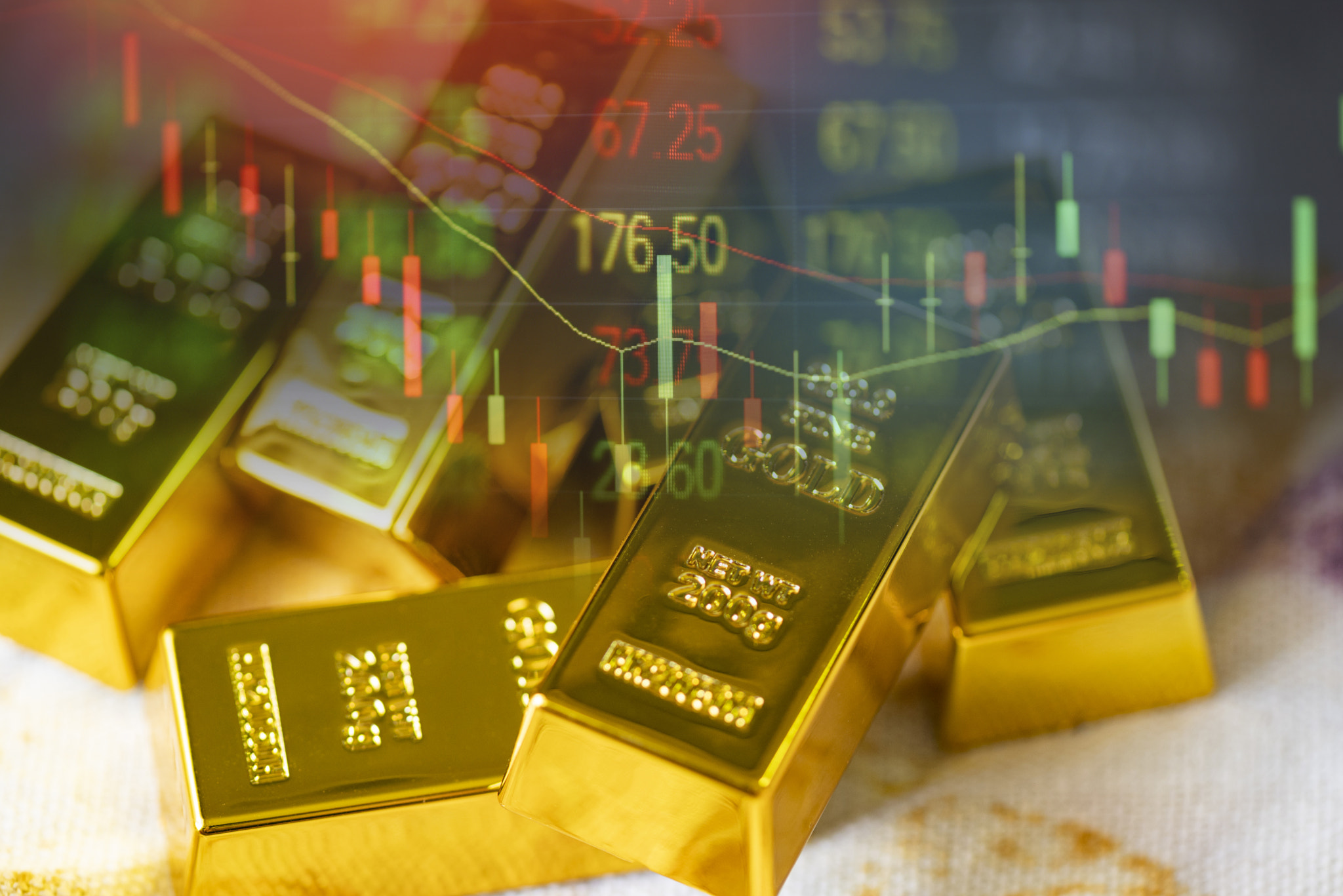 Gold trading, gold bars on fabric with stock graph chart stock market trade background, pile of gold