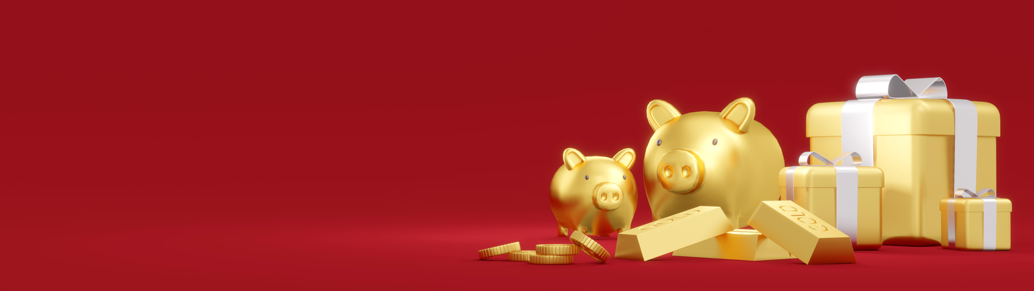 3D Rendering concept of golden piggy bank, golds, golden coins, presents on red background.3D Render