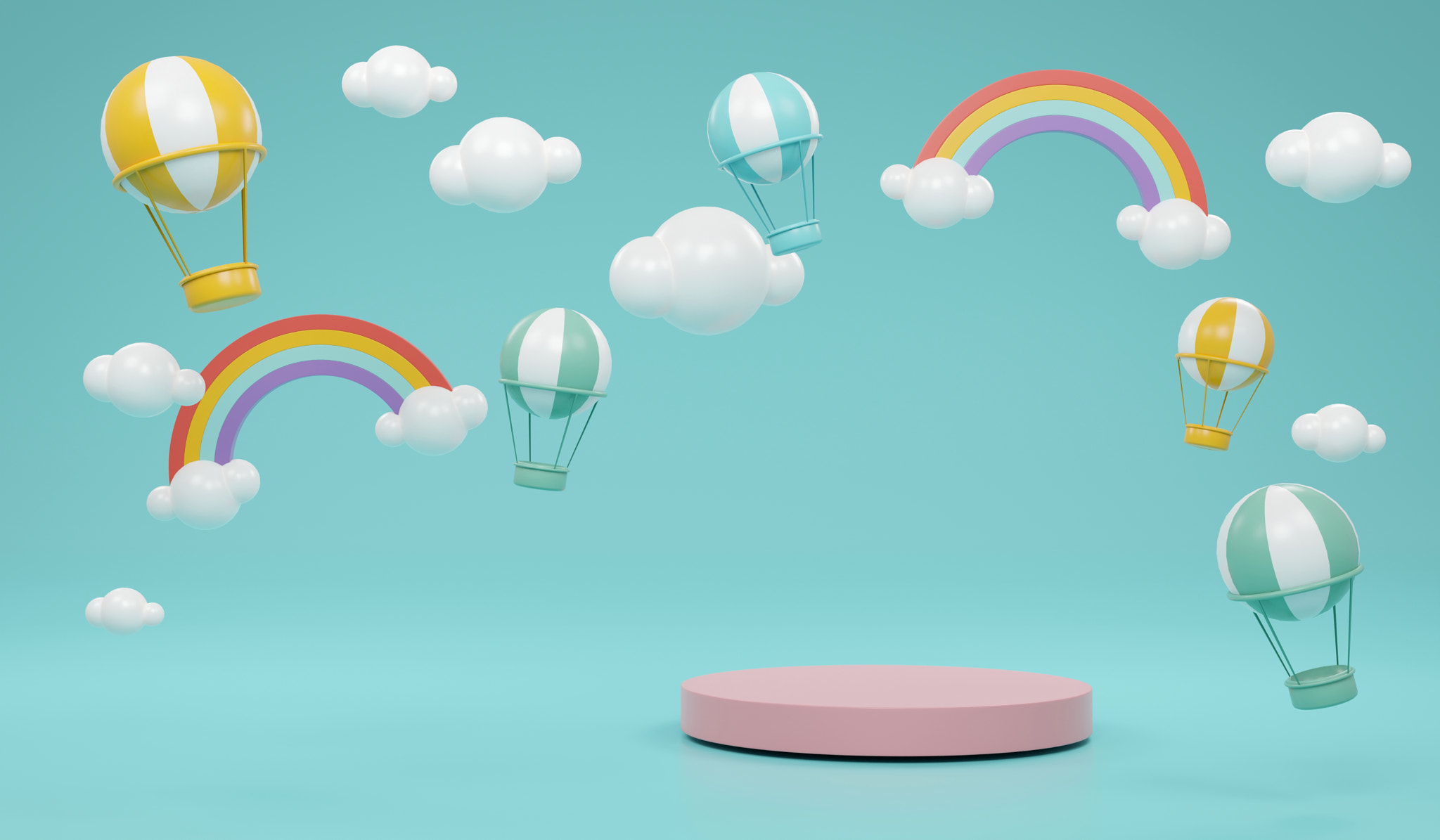 3D Rendering product stand podium display with rainbow clouds hot air balloons and stars on backgrou