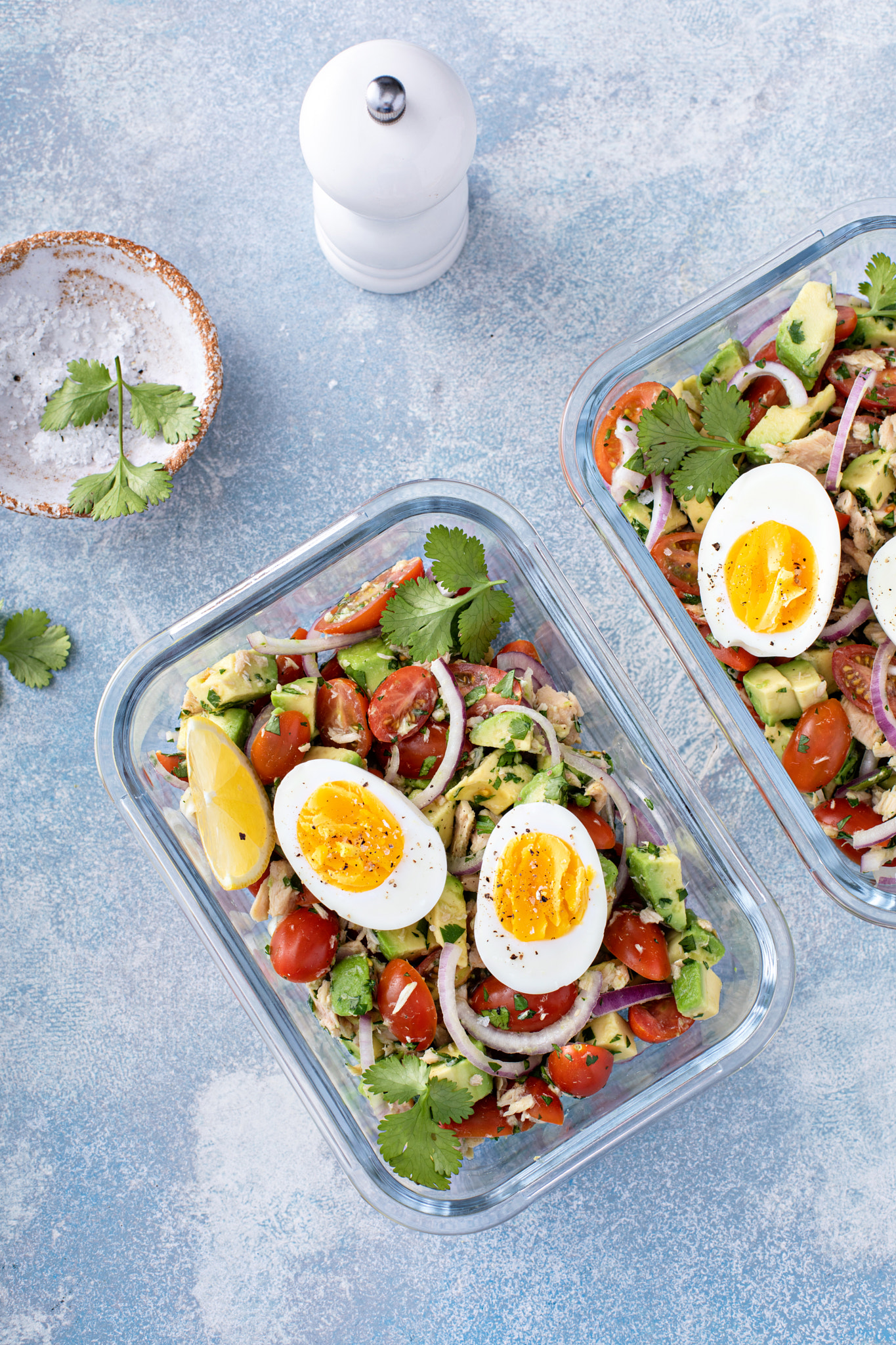 Meal prep containers with avocado tuna salad and boiled egg