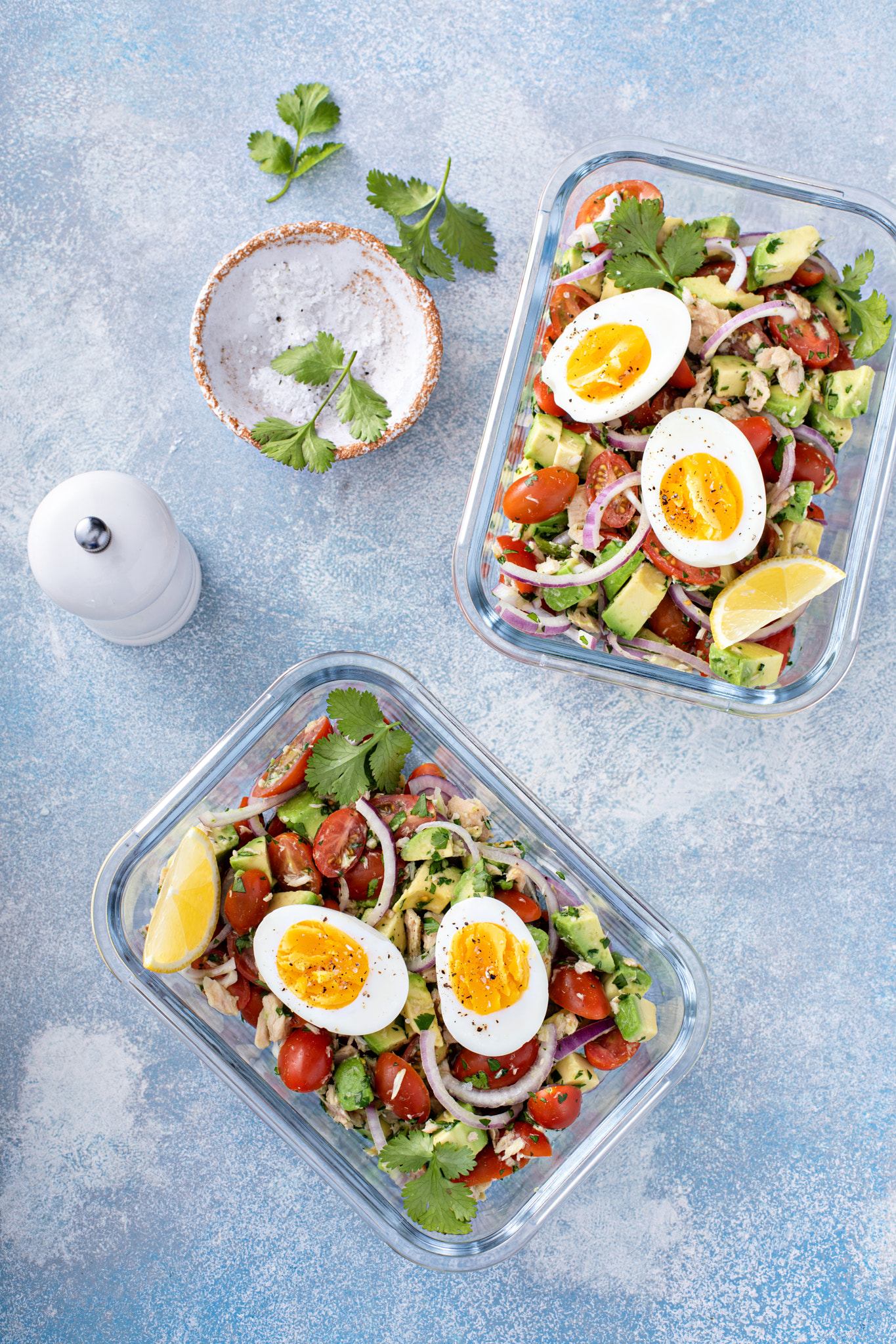 Meal prep containers with avocado tuna salad and boiled egg