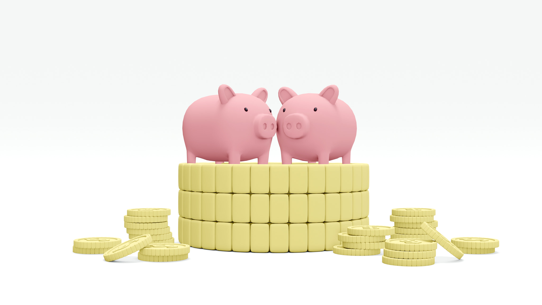 3D Rendering concept of financial family planning. Piggy banks on a big stack of coins surrounding b