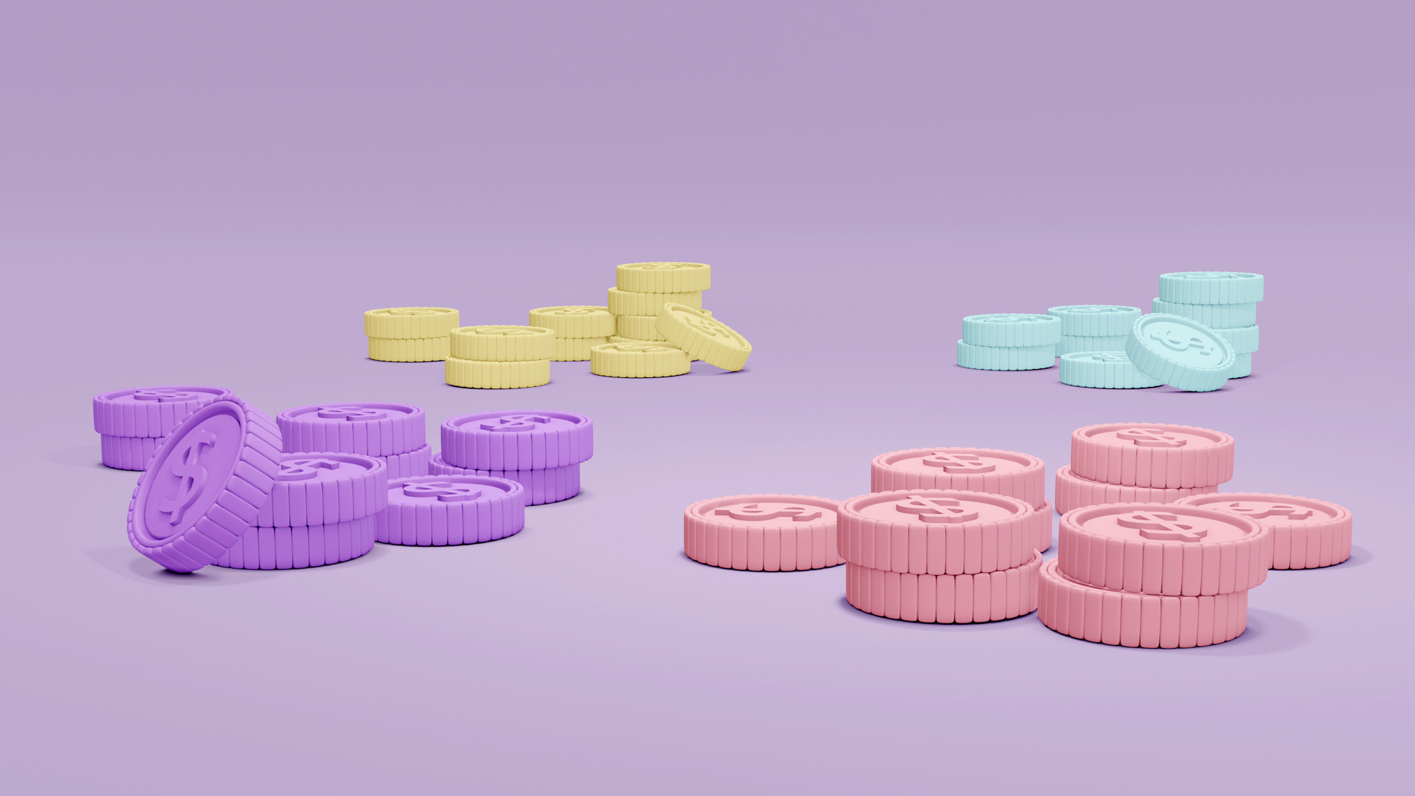3D Rendering concept of money and currency. stacks of money coins in many colors. Colorful. Pastel.