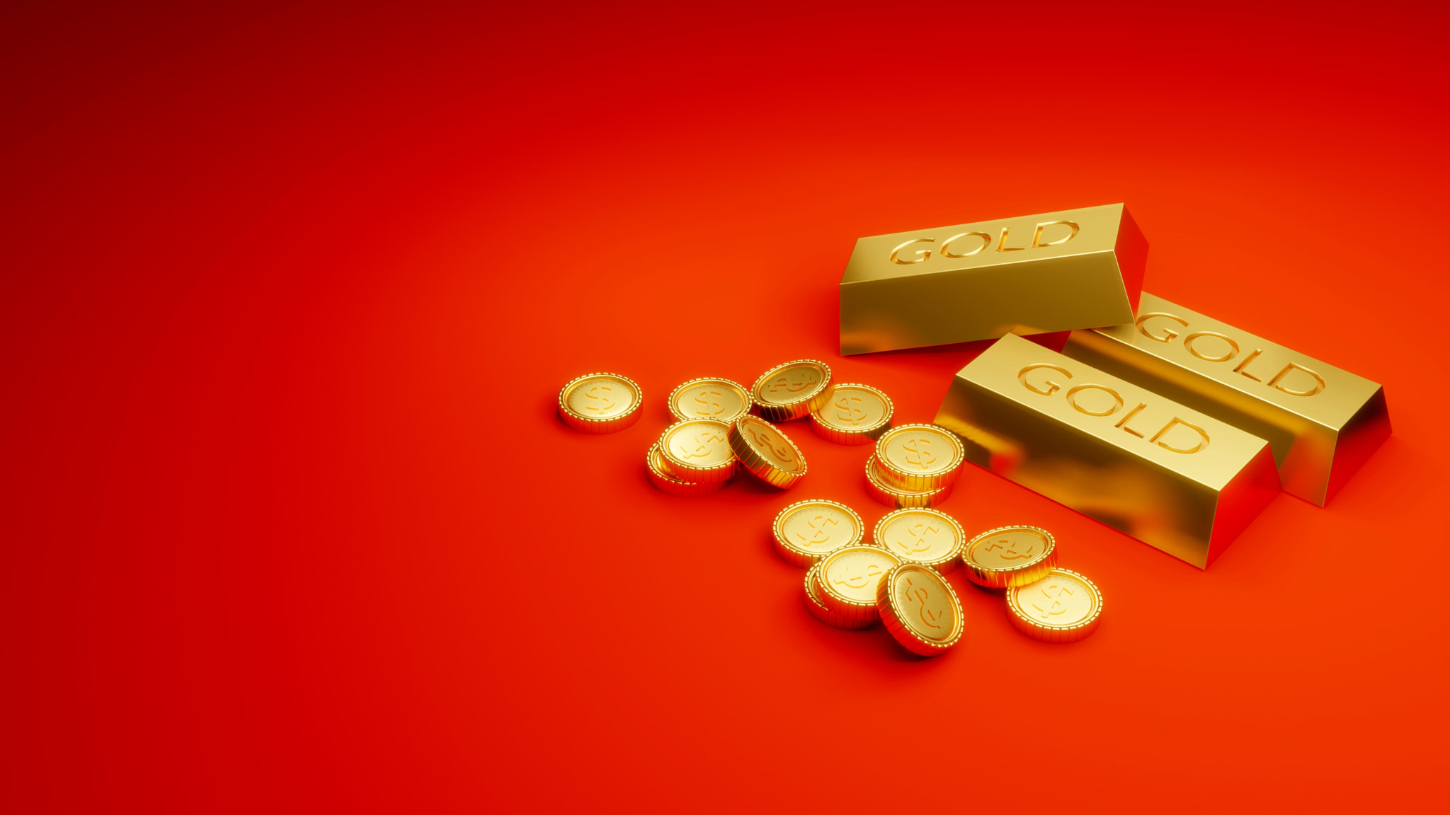 3D Rendering concept of treasury, wealth, rich. Golds, golden coins, on red background with space fo