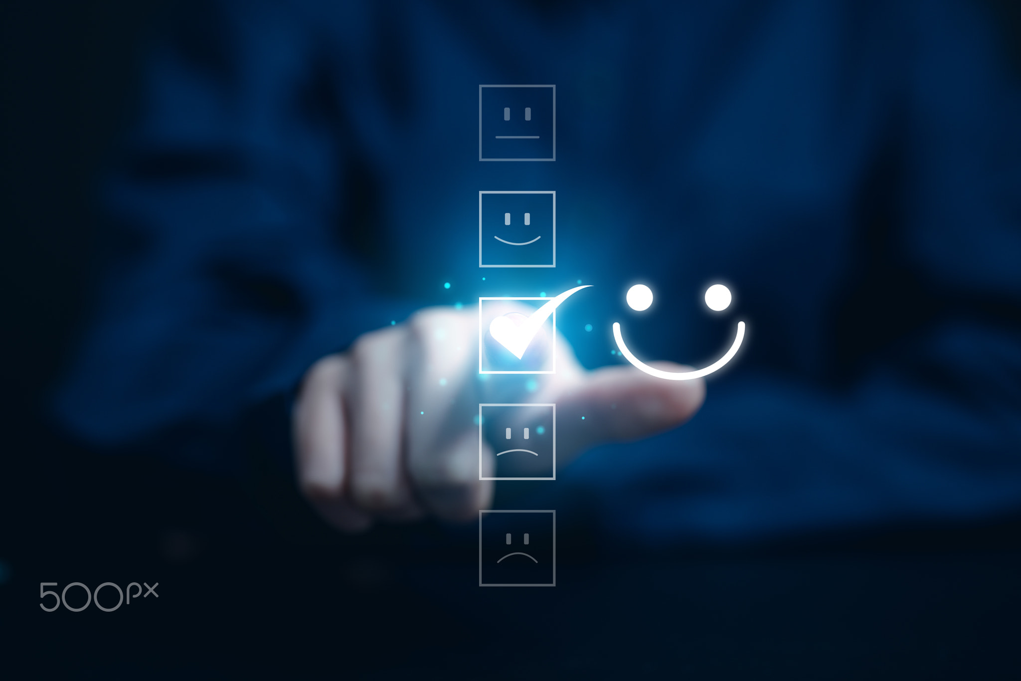 Close up of customer pressing smiley face emoticon on virtual screen