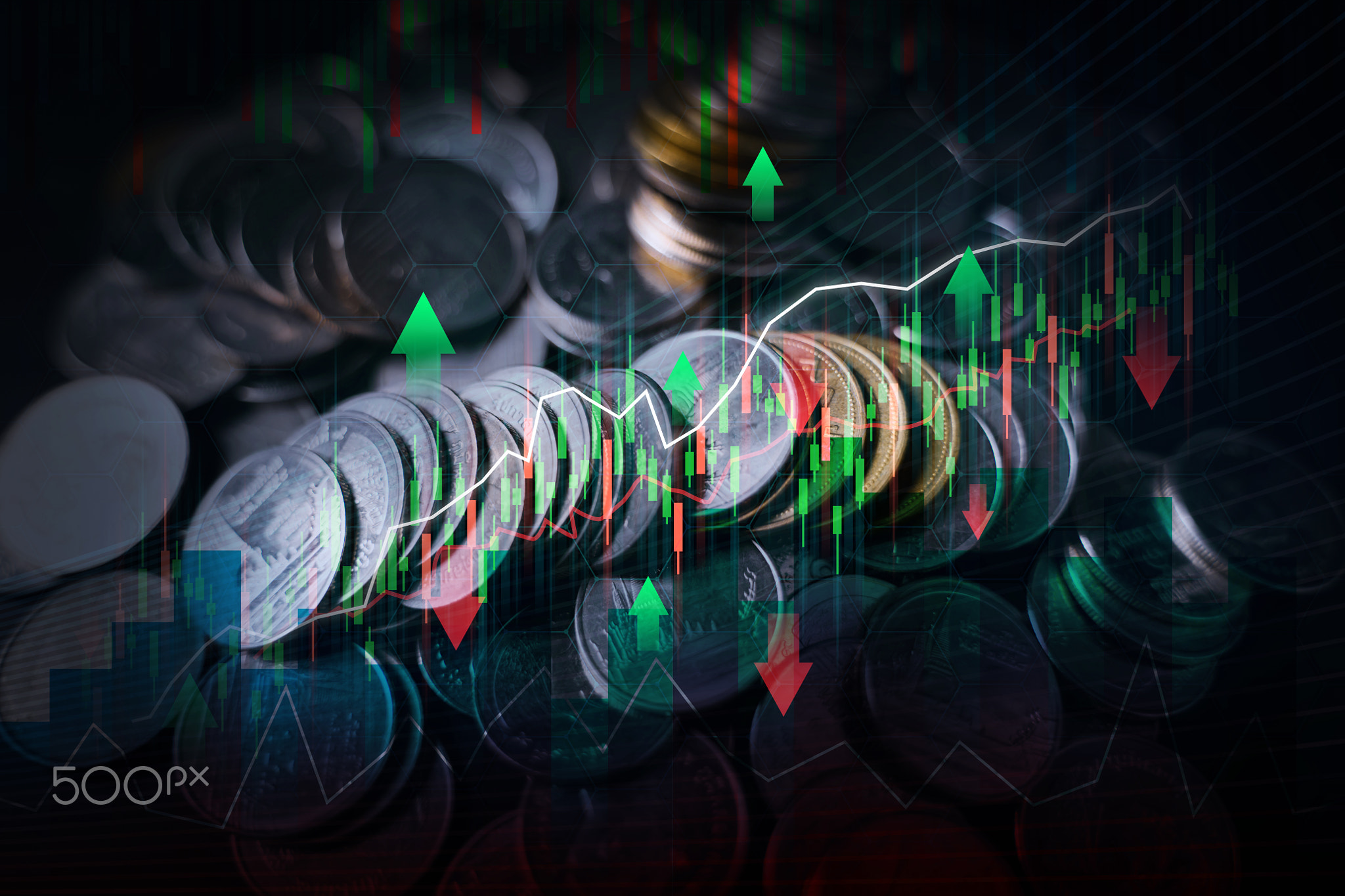 Stack of coins with graph chart growth up, Business marketing