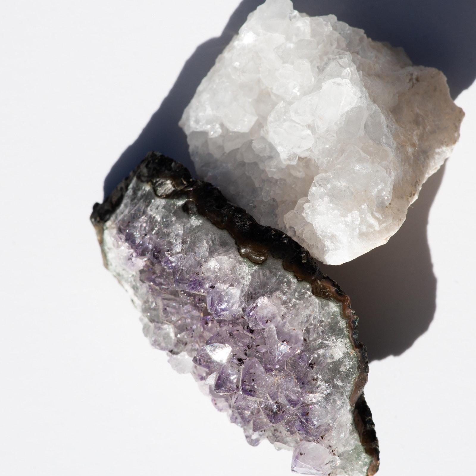 White Crystal Geode and Amethyst Cluster