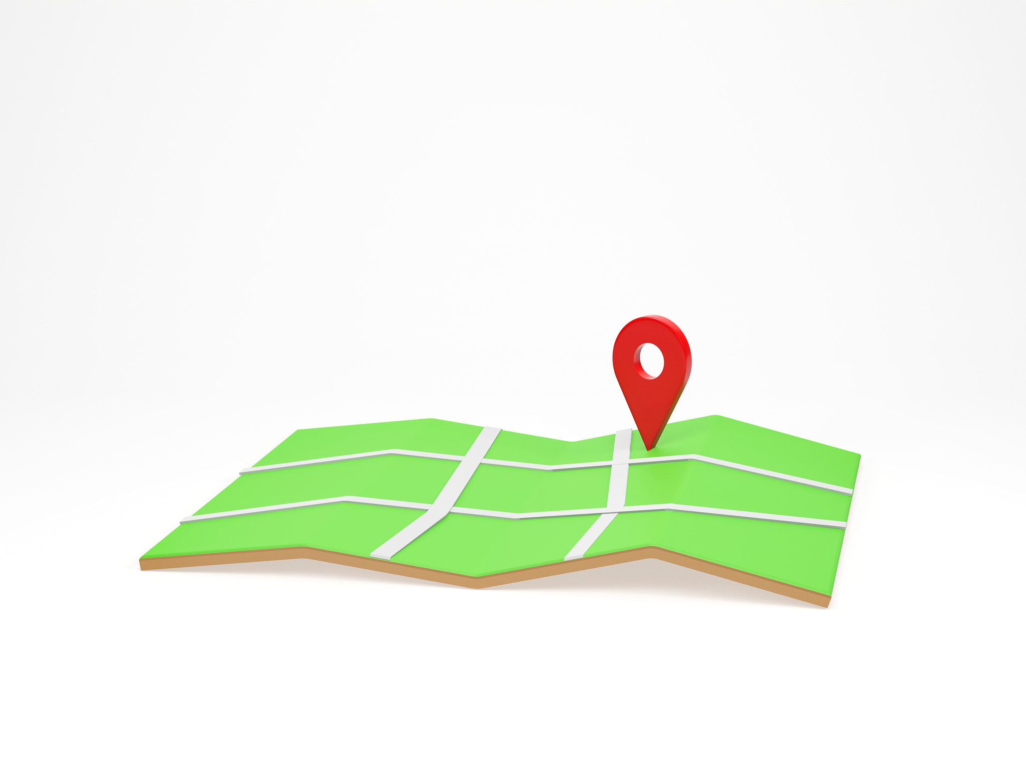 3D rendering, 3D illustration. Location pin on folded city map isolated on white background. Minimal