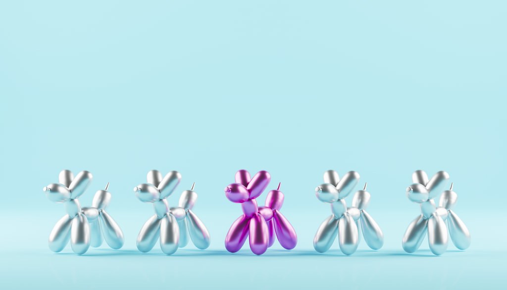 Be yourself concept with metallic balloon dogs on blue background. by Valeriia Sviridova on 500px.com