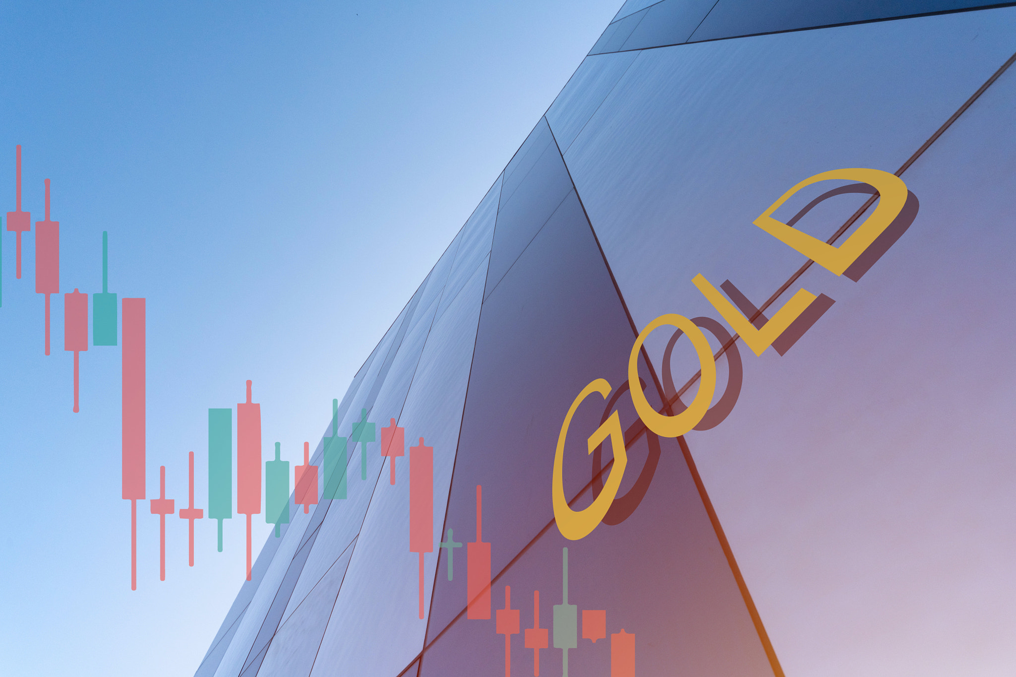 Gold word and marketplace charts over business center background. Trading, investment or financial c
