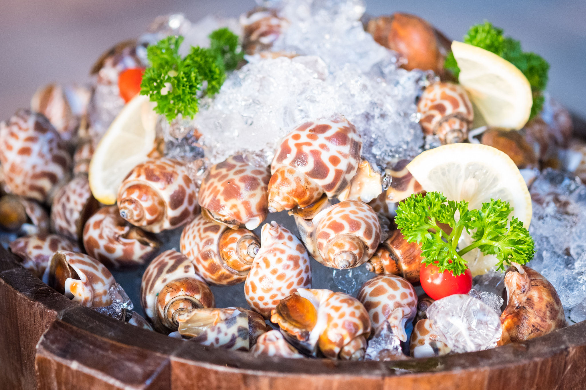 Buffet seafood spotted Babylon on ice in a restaurant.