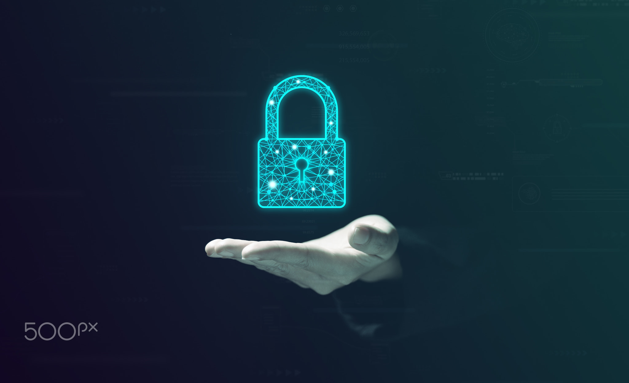 Hand holding virtual padlock, Cyber security, Protection network with