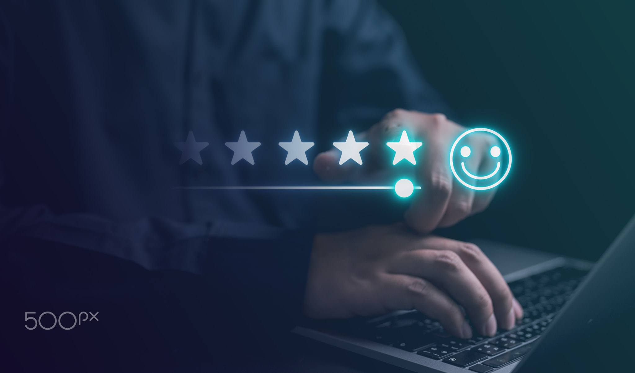 Businessman with smiley face emoticon on virtual touch screen