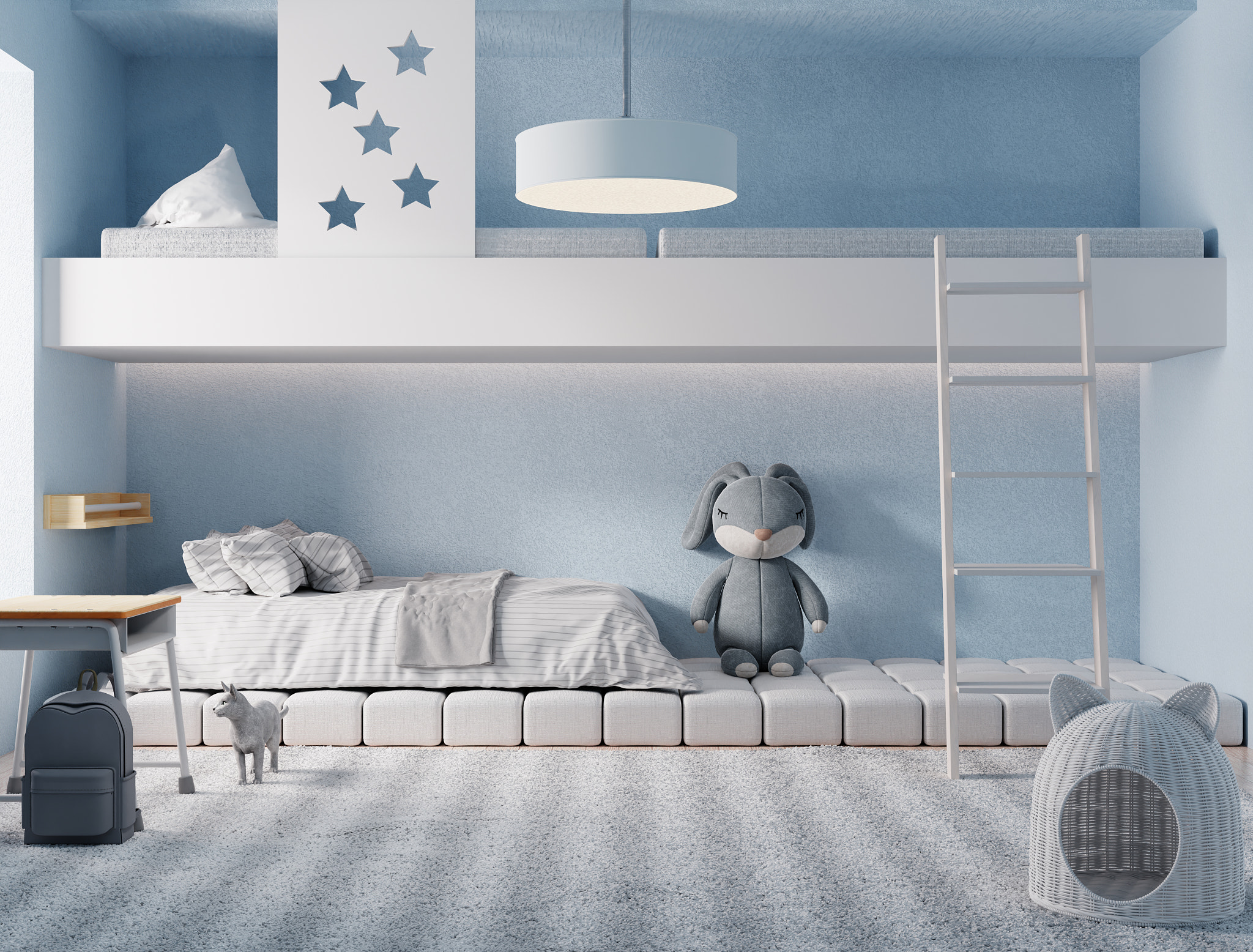 Built-in bunk bed for kids or children room in blue pastel and white tone color background. Educatio