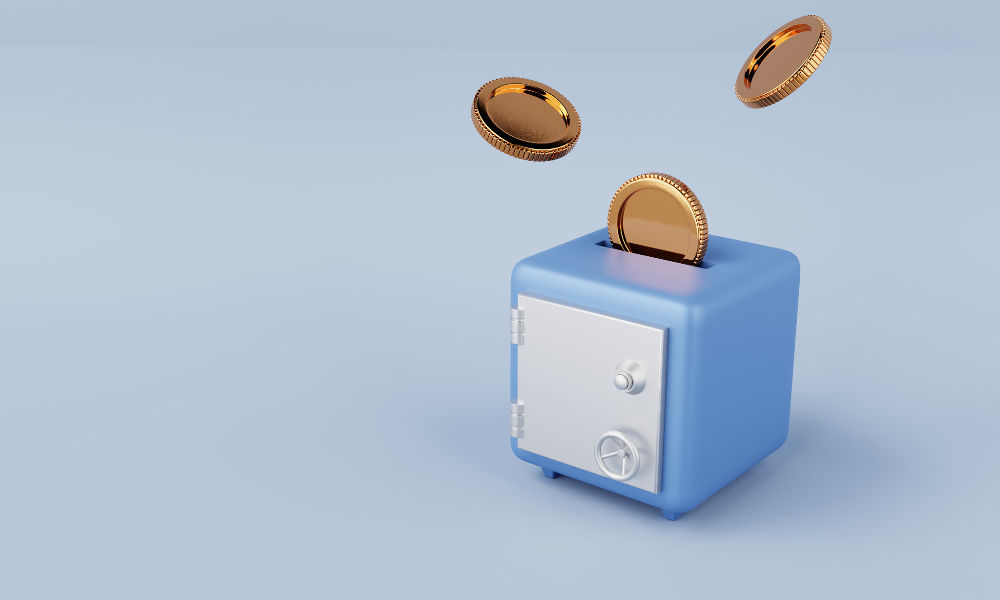Safe box with dropping and collecting golden coins on blue background. Financial economic and money