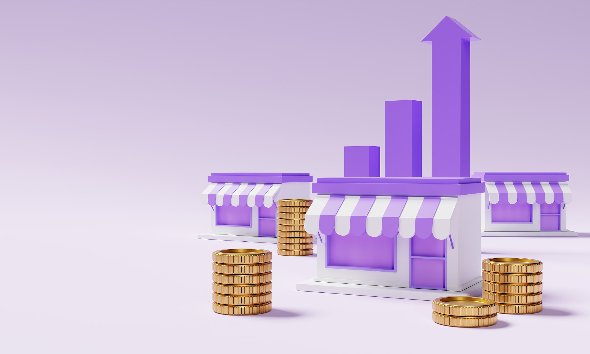 Store money coin and bar chart with copy space on purple background. Financial and E-commerce concep