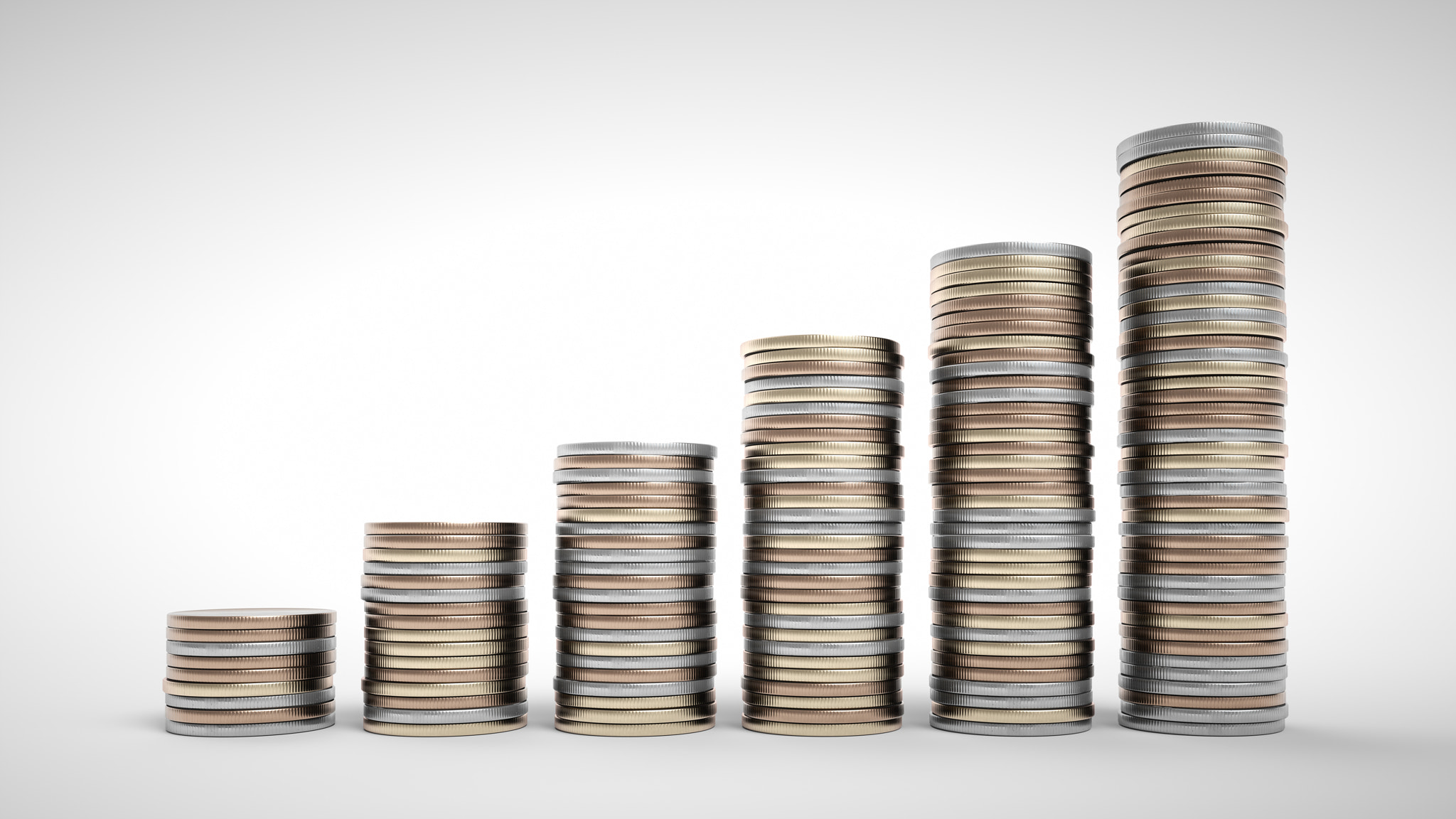 Coin stacks on a white background. 3D rendering