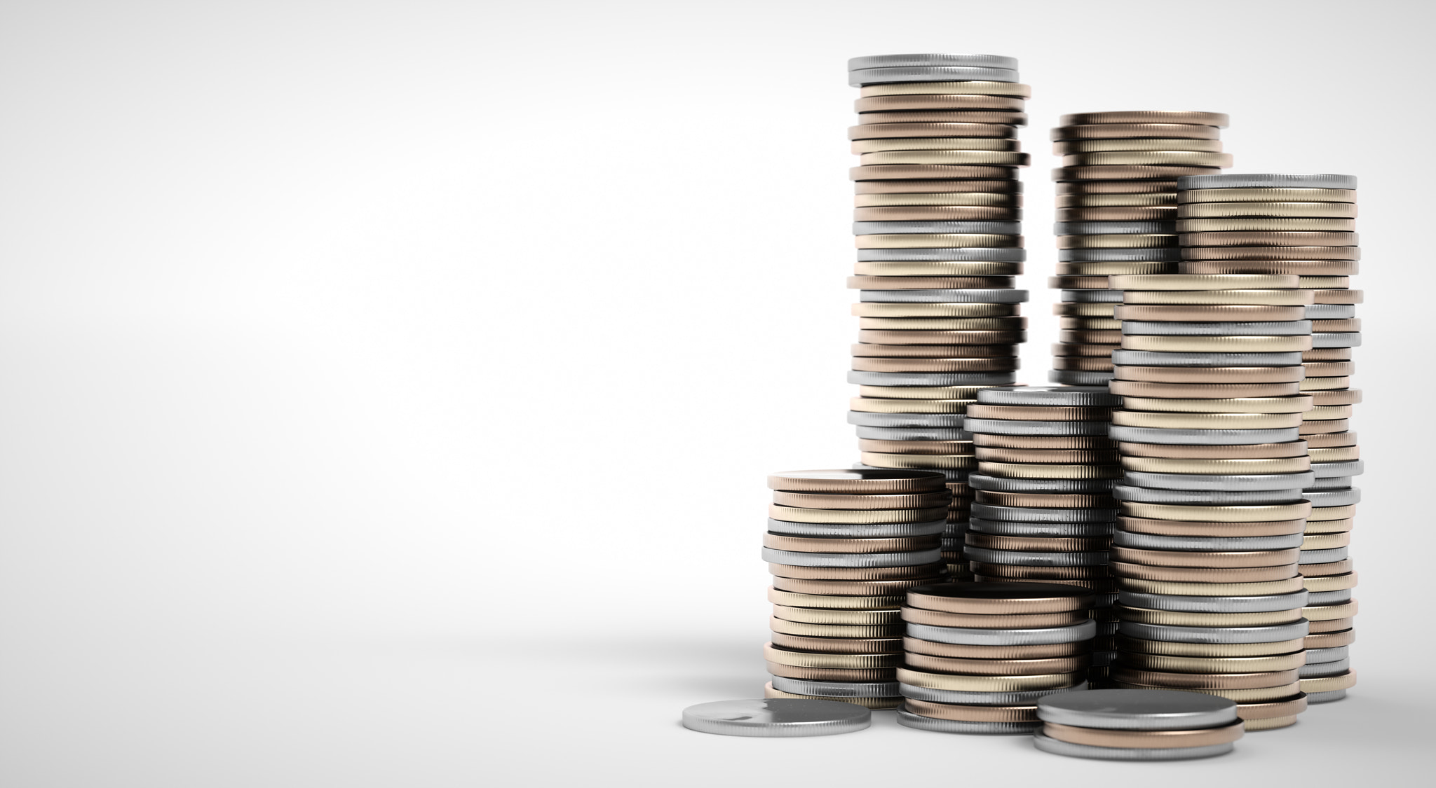 Coin stacks on a white background. 3D rendering