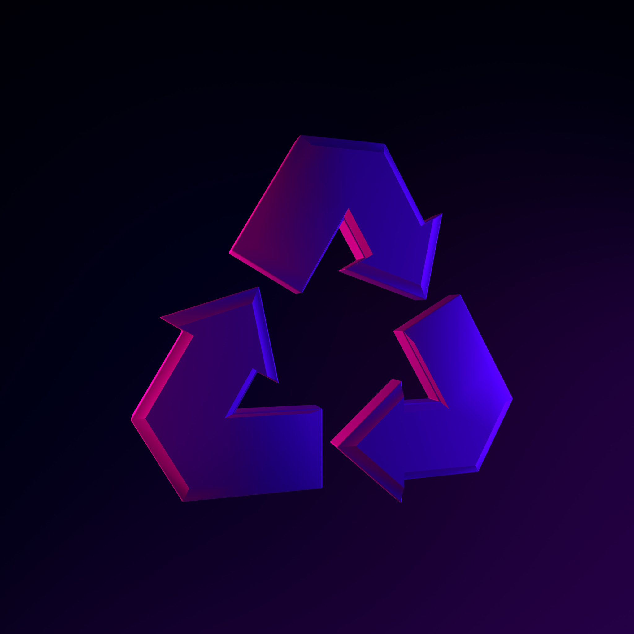 Recycling neon symbol icon. 3d rendering ui ux interface element. Dark glowing symbol.