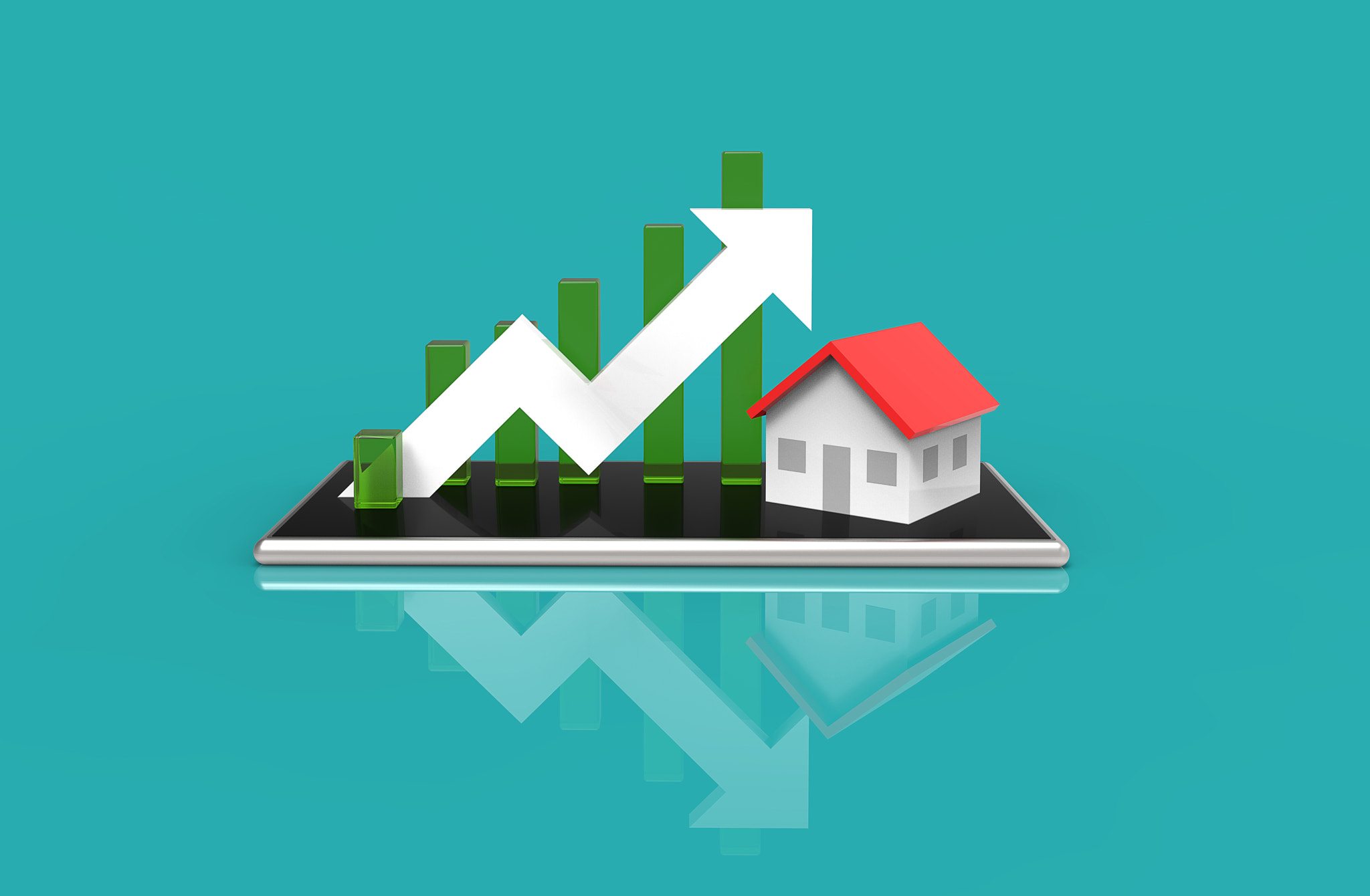 Growth real estate concept. Business graph and house on mobile phone. 3D Illustration.