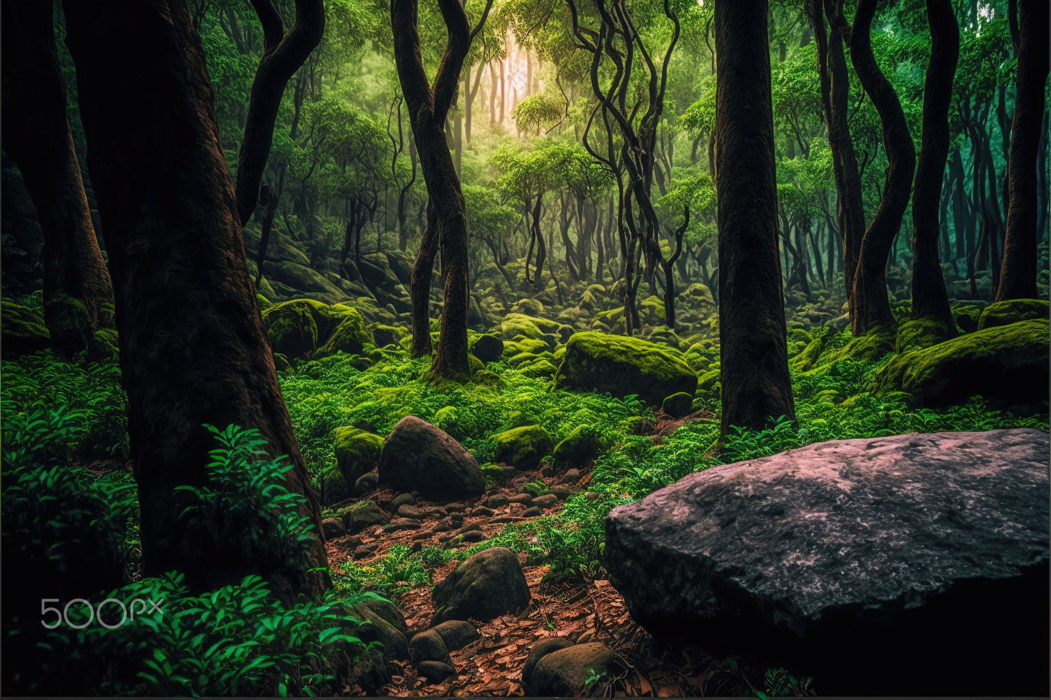 Light and forest - Day , Anime background , Illustration. Generative AI.