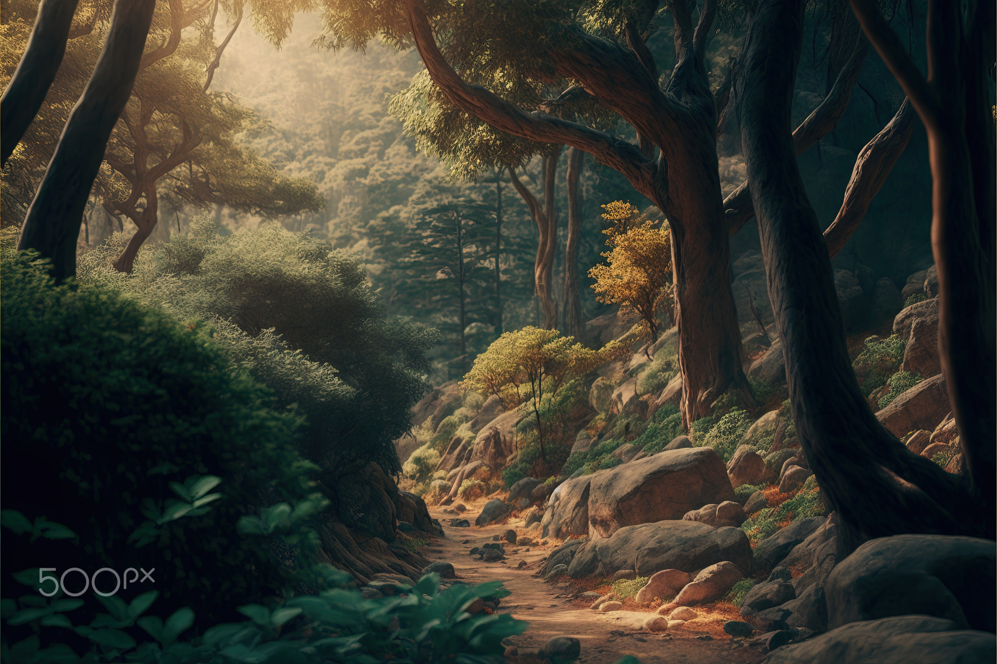 Light and forest - Day , Anime background , Illustration. Generative AI.