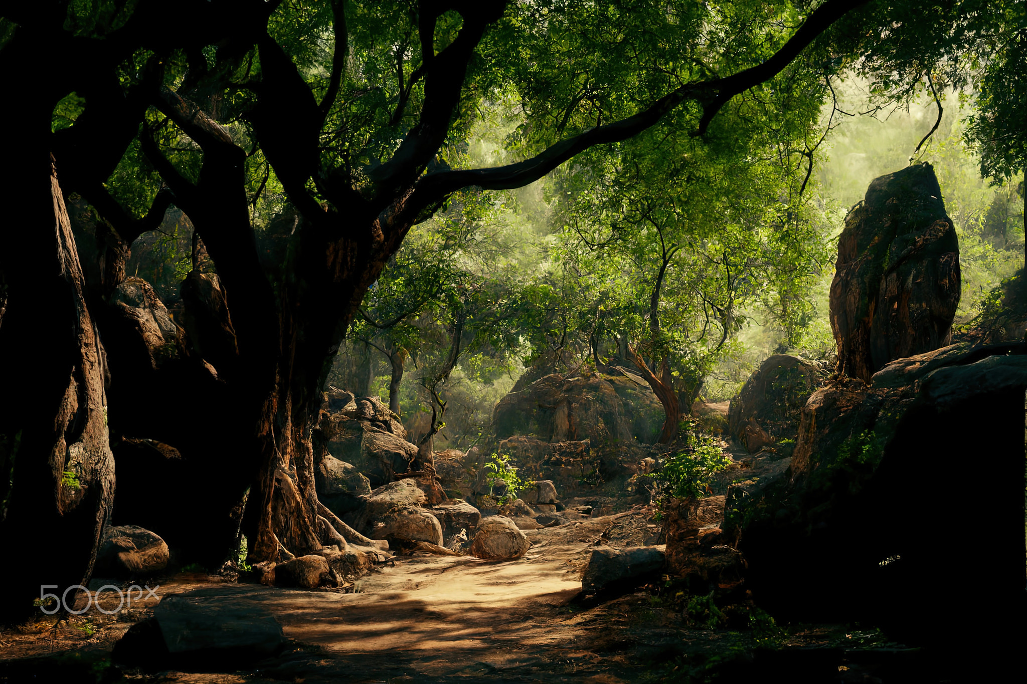 Light and forest - Day , Anime background , Illustration. Generative AI.