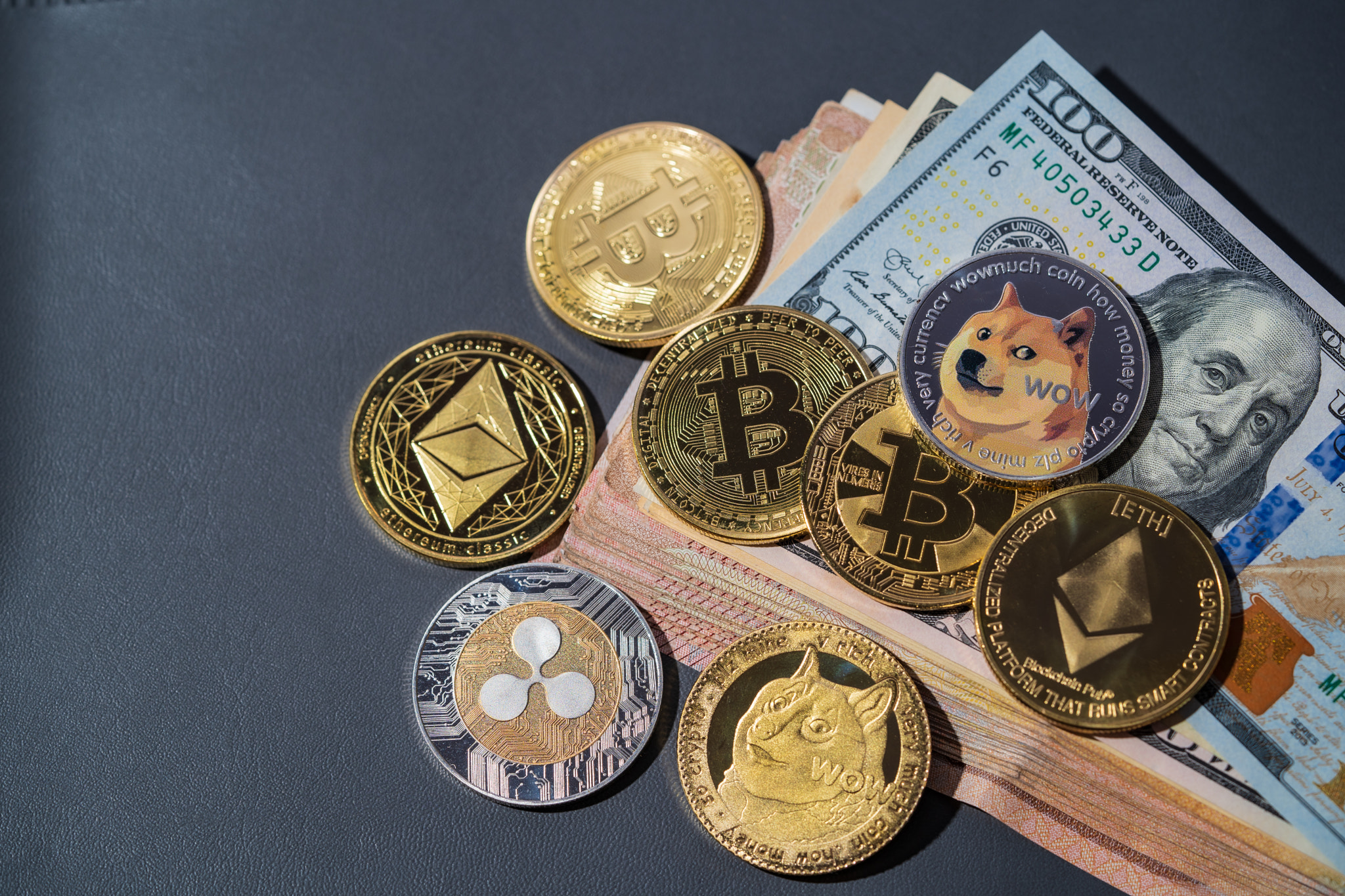 Dogecoin DOGE, bitcoin, Ethereum ETH, Binance Coin, included with Crypto currency coin on stack 100