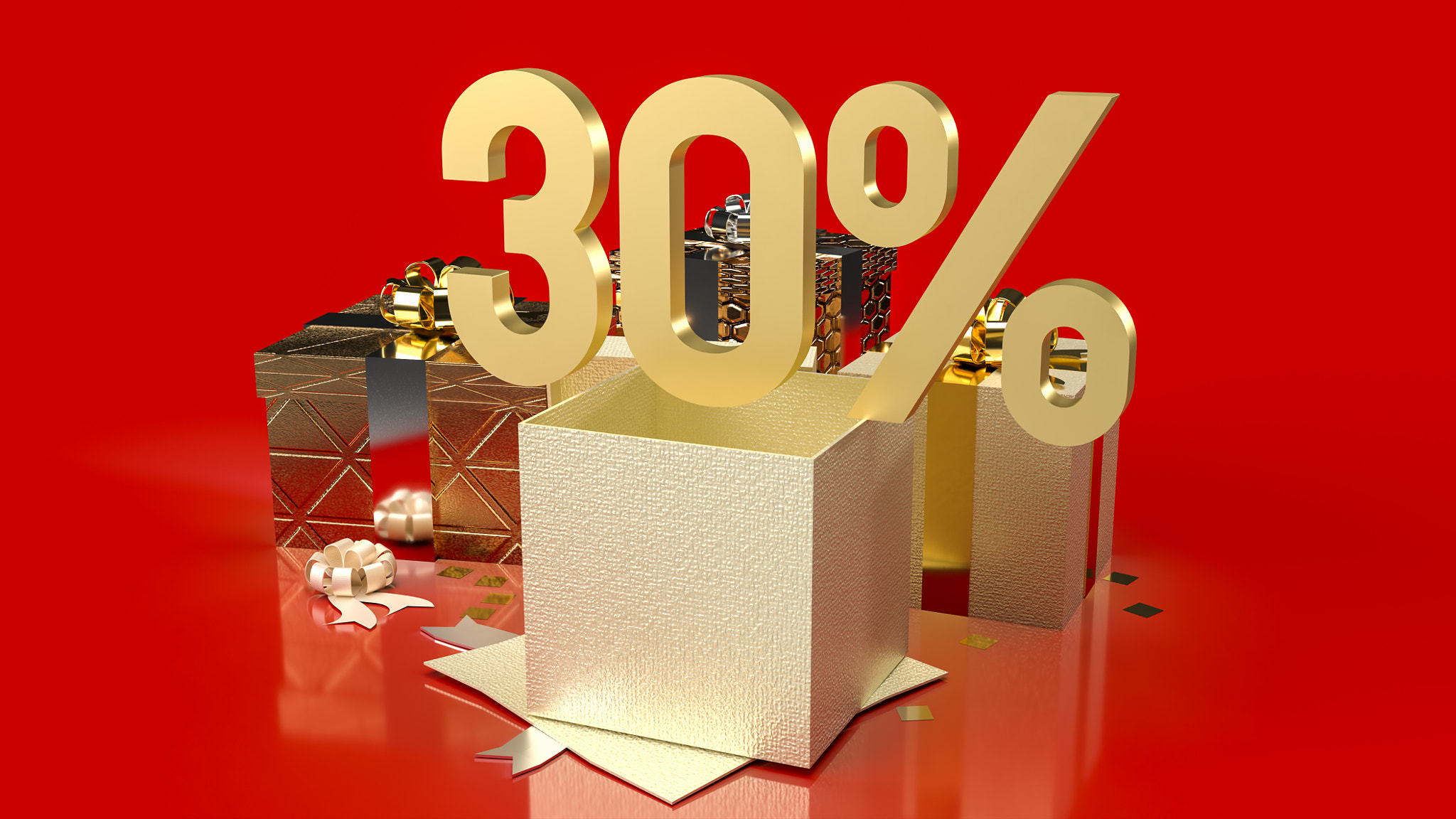 The gold number percent and gift boxes on red background for sale promotion business content 3d rend