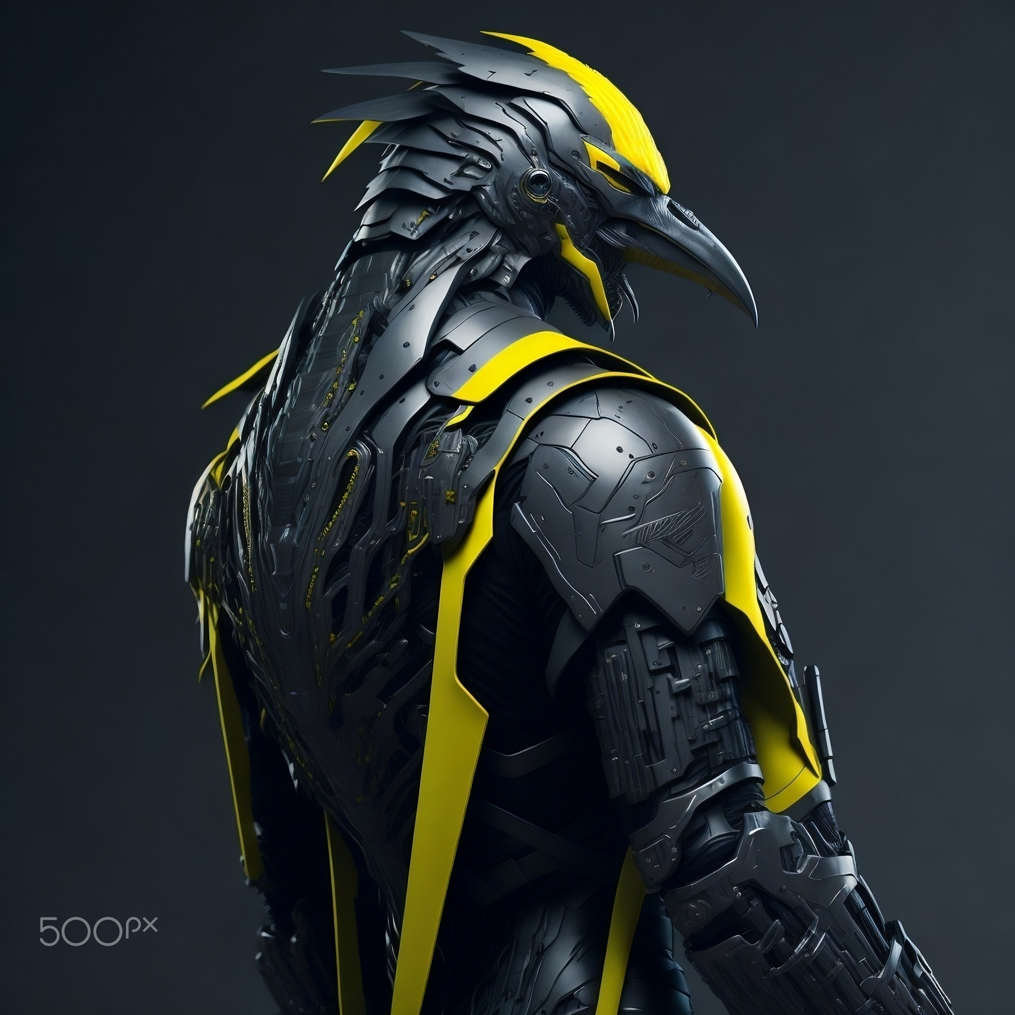 Bird player in cyberpunk 2077, phoenix, yellow and black theme .