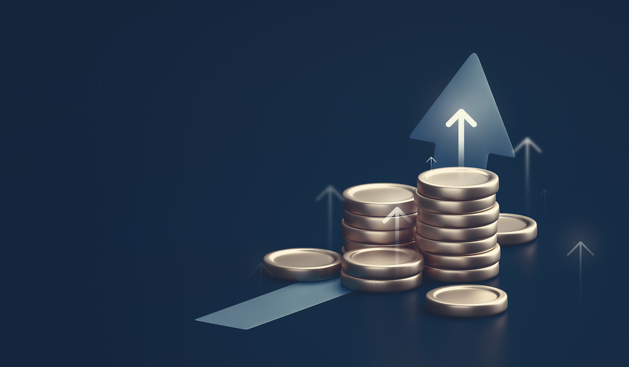Growth arrow gold coin currency price on money business finance 3d background with success financial