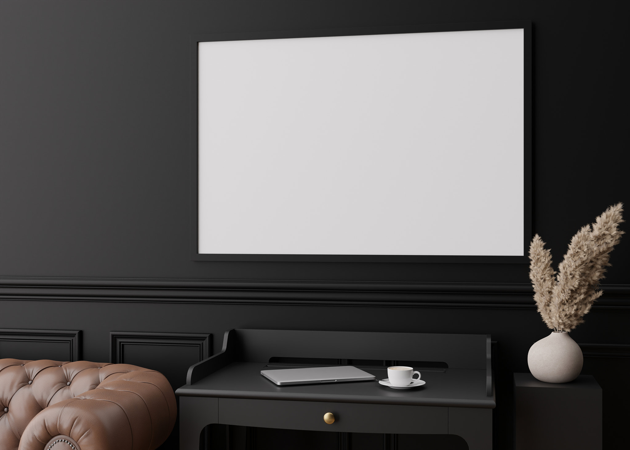 Empty picture frame on black wall in modern living room. Mock up interior in contemporary style. Clo