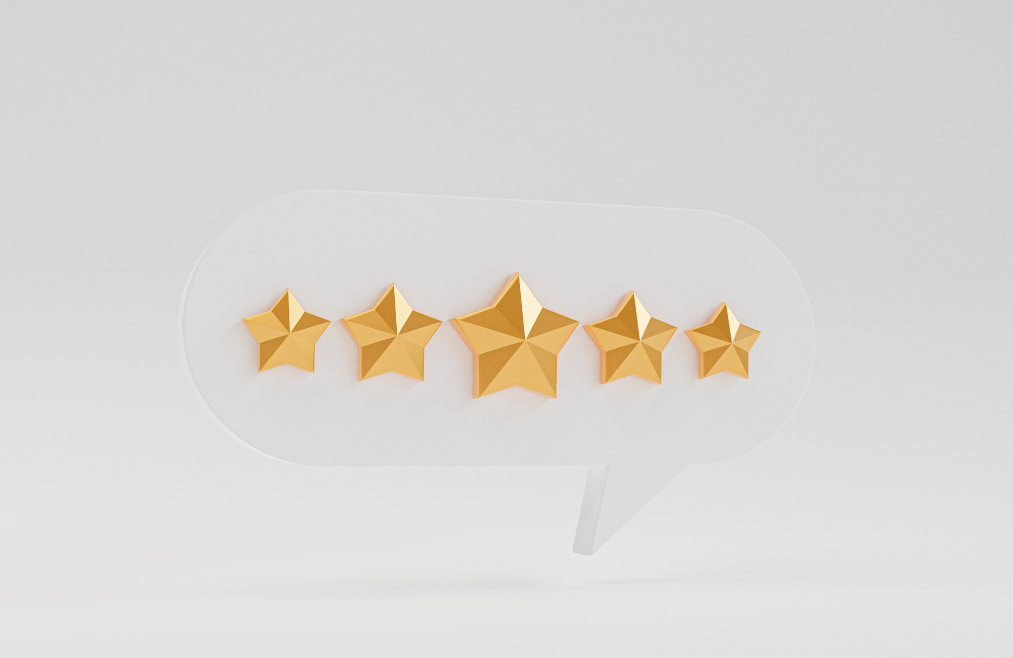 Five golden stars inside white message box for client excellent evaluation by 3d render.