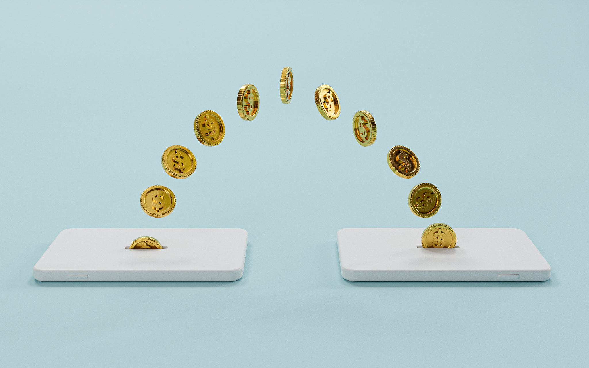 Golden coins moving between mobile phone for money transfer and internet mobile banking or electroni