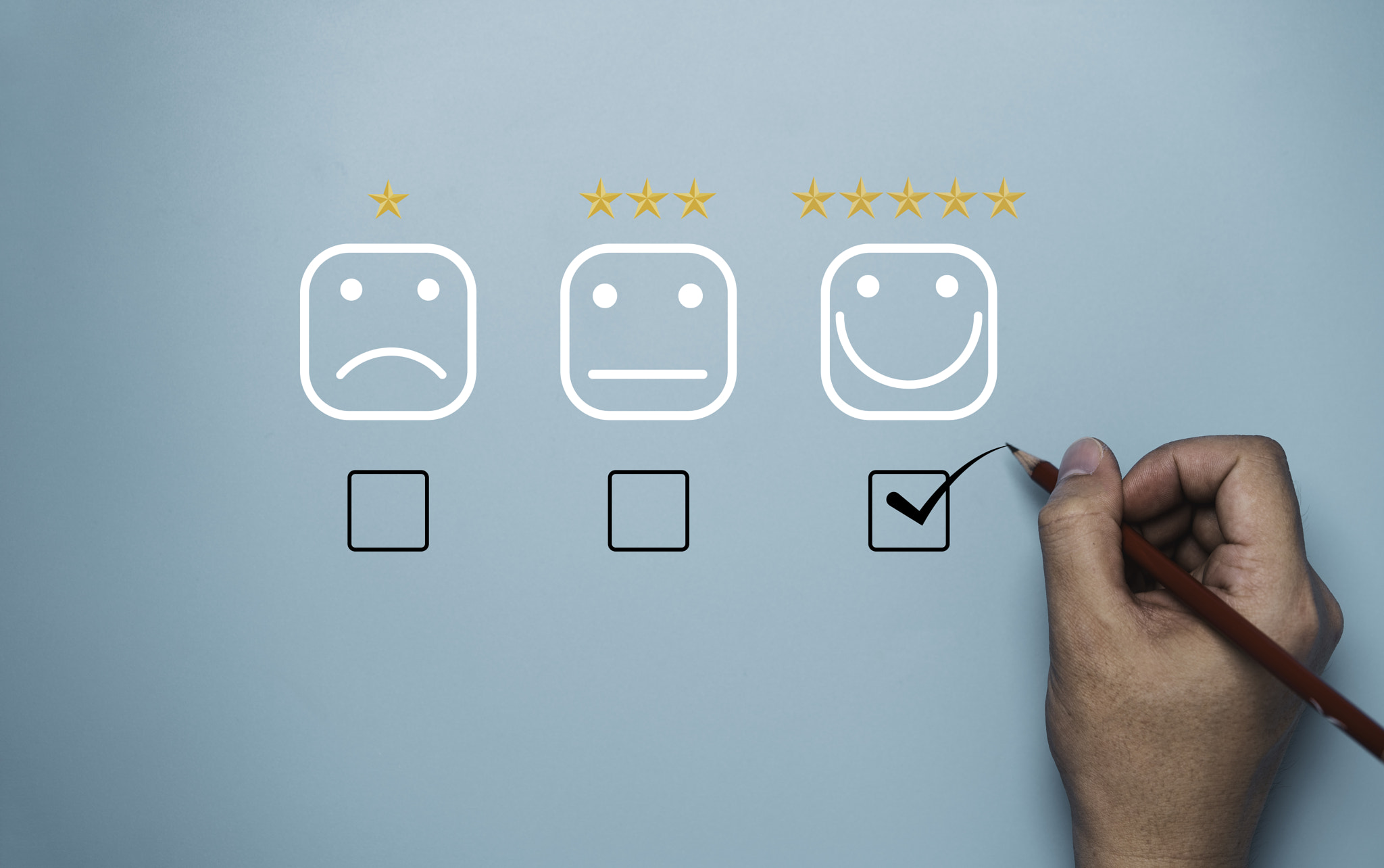 Hand tick or check mark to select smile face with five stars on blue background , Customer and clien