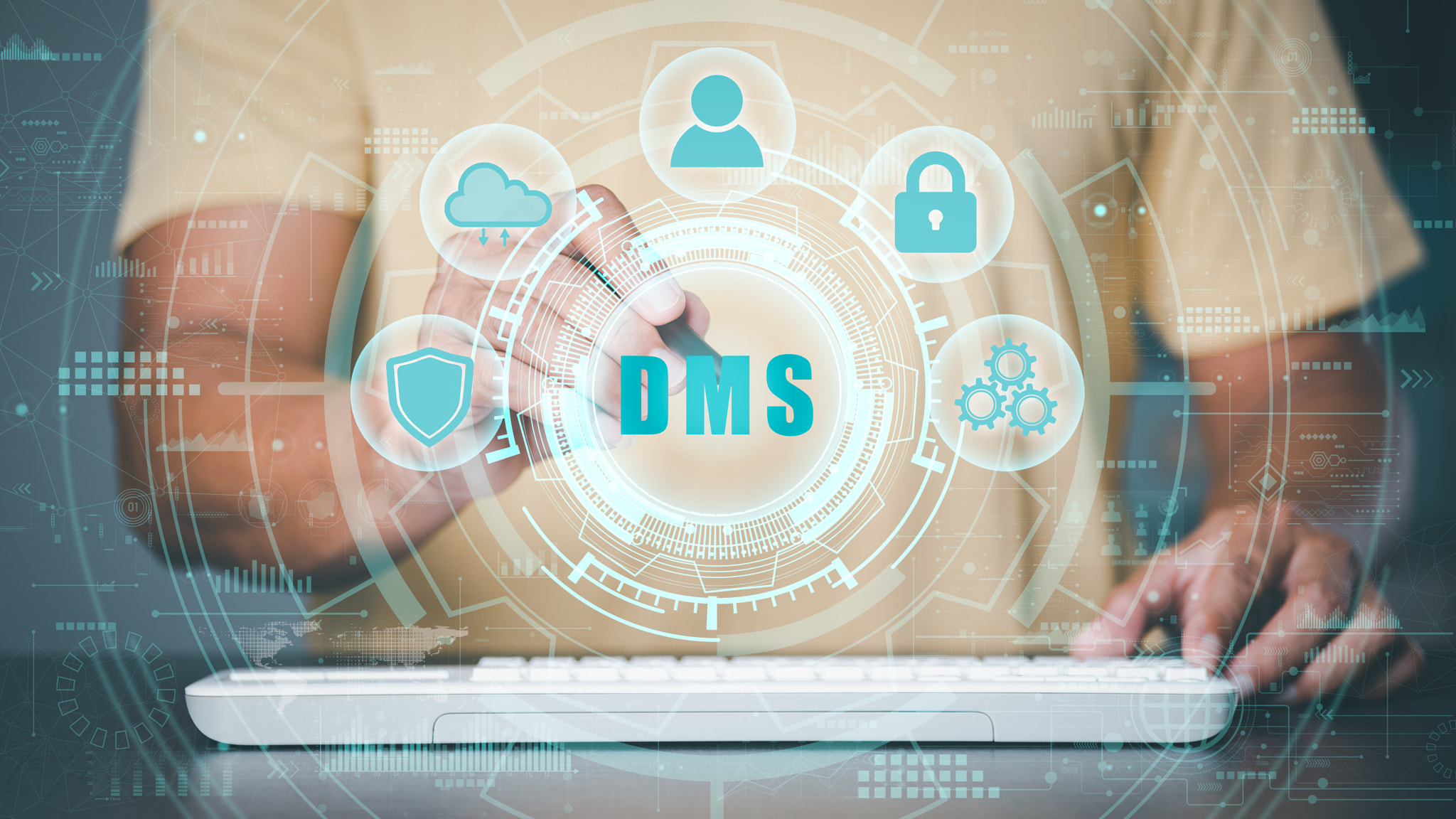 Business people access archives online, through digital database files, document management technolo