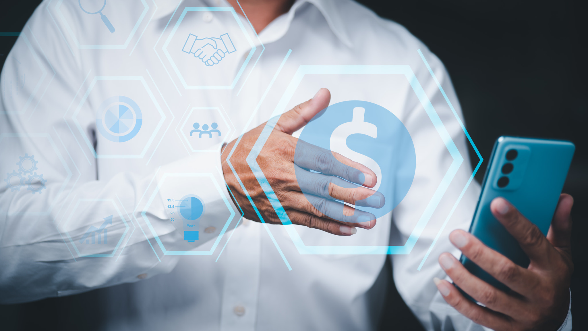 Entrepreneurs show success by asking for a handshake through a phone screen, venture capital and fin
