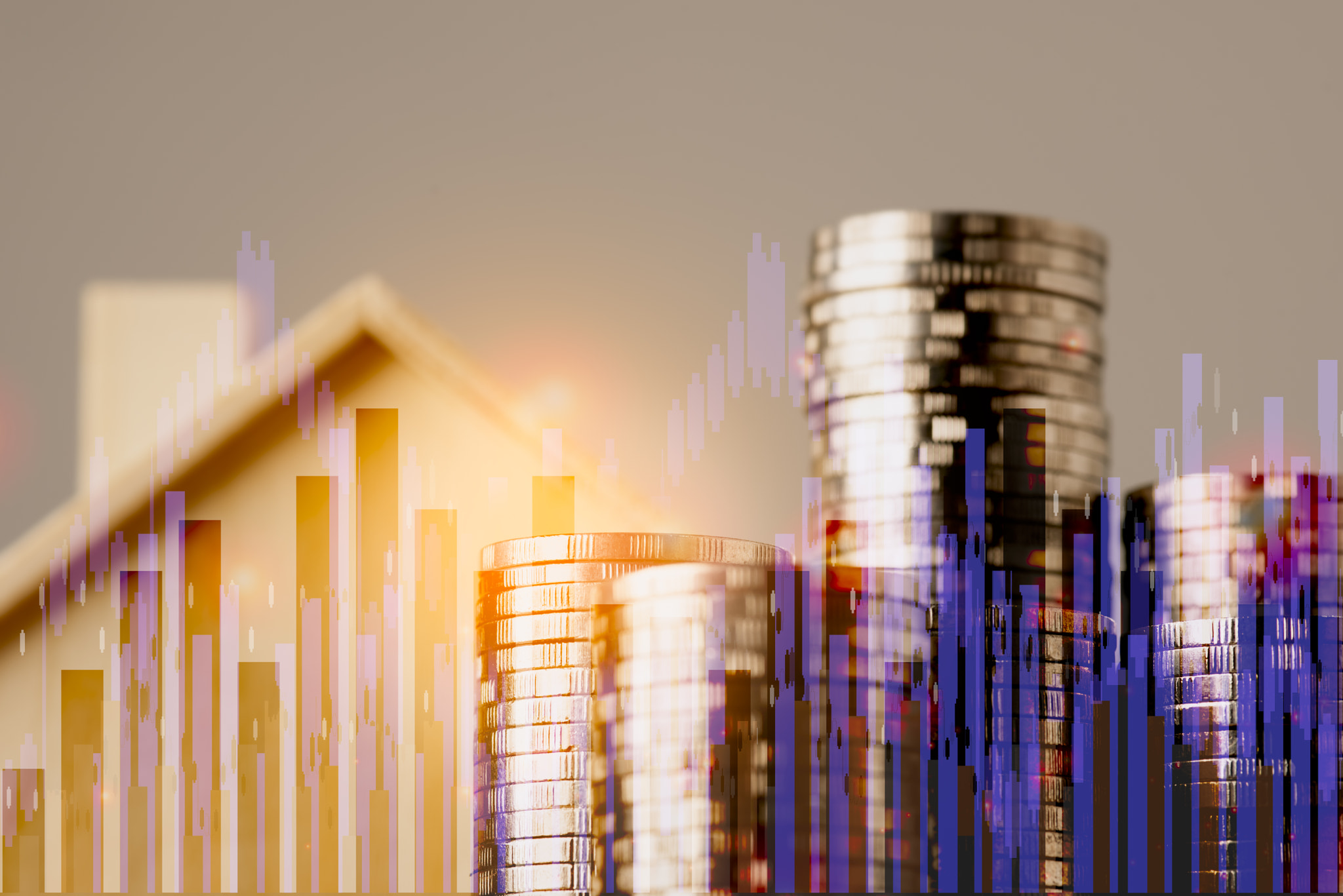 A pile of money And a simulated wooden house Growth graph