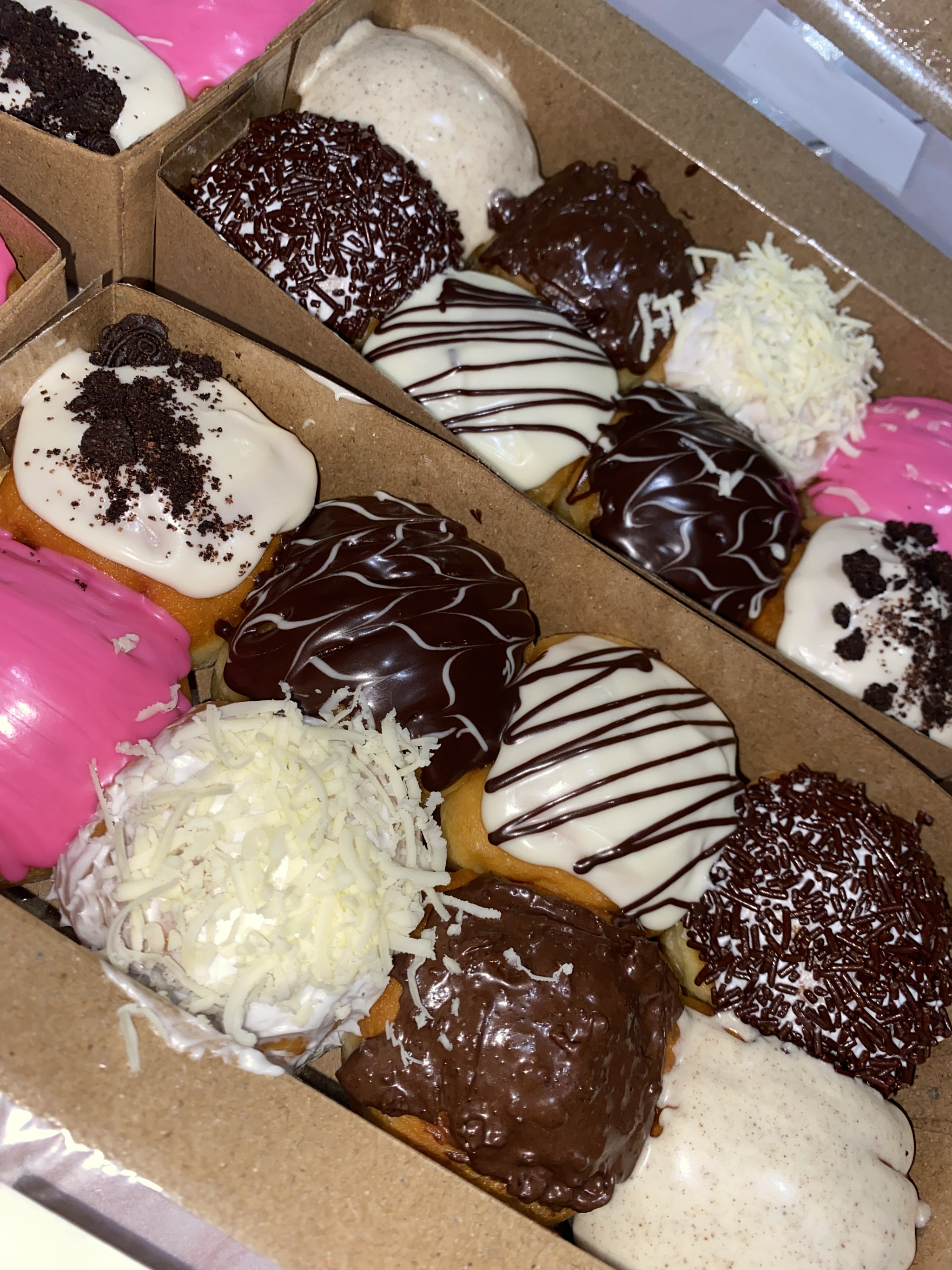 High angle view of donuts in box