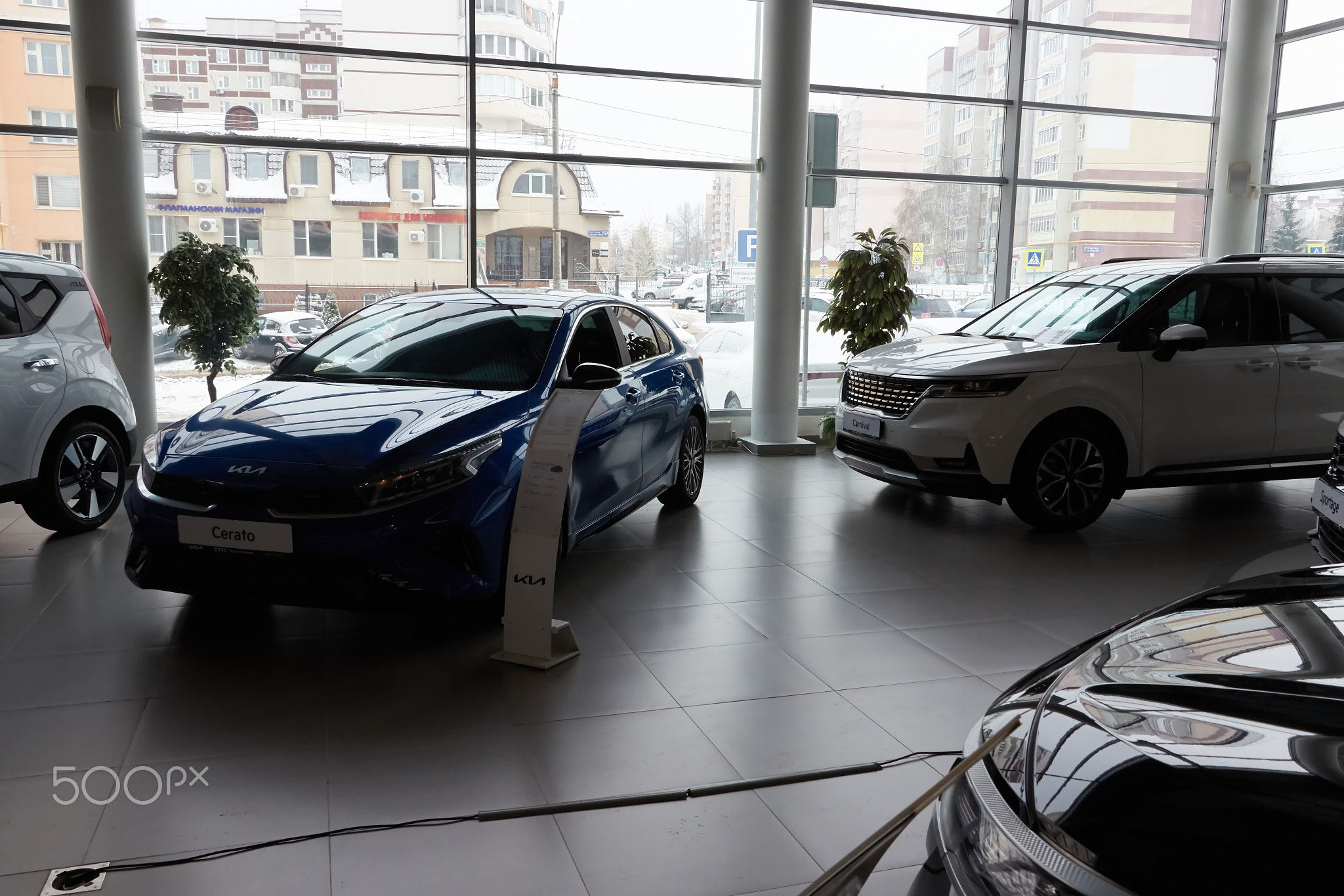 Kazan, Russia - November 25, 2022: Cars in showroom of dealership Kia