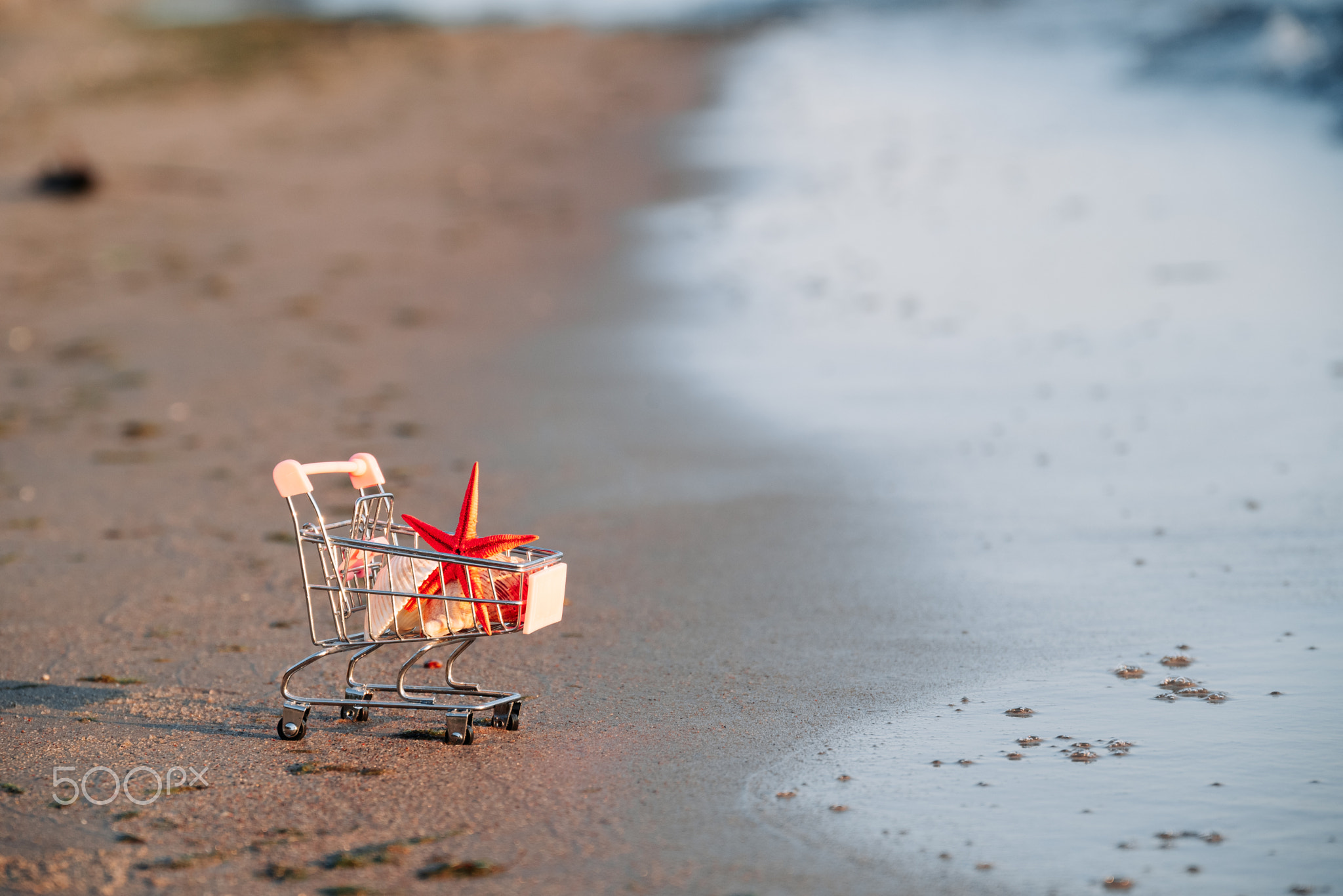 Shopping Basket With Shells And Starfish Stands On Sand In Sun. Summer