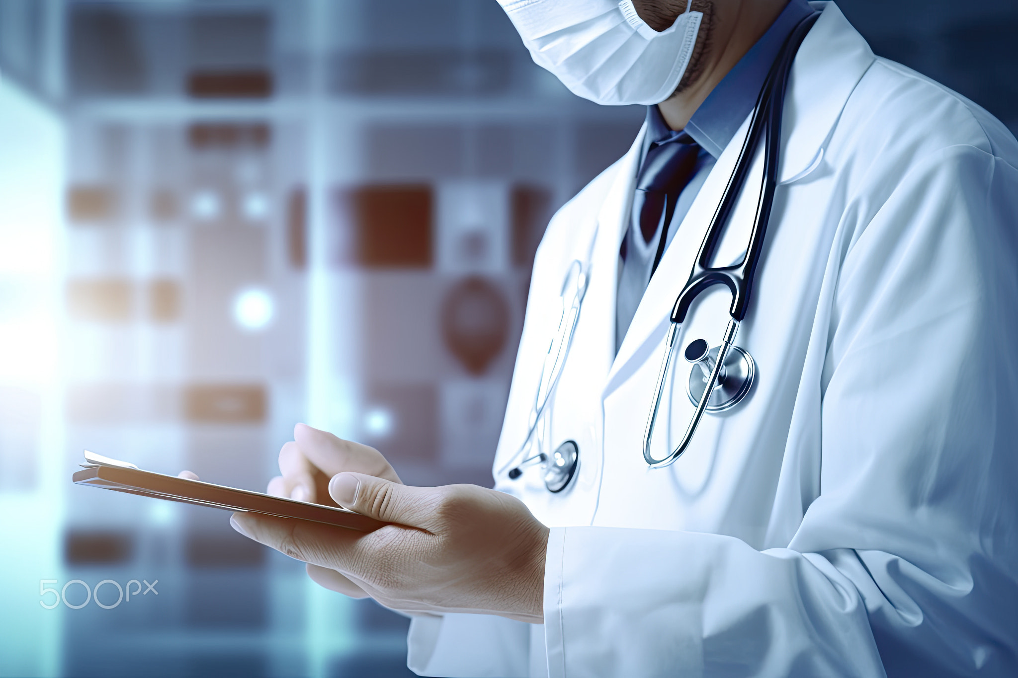 Doctors using his tablet computer at work. Medical professional