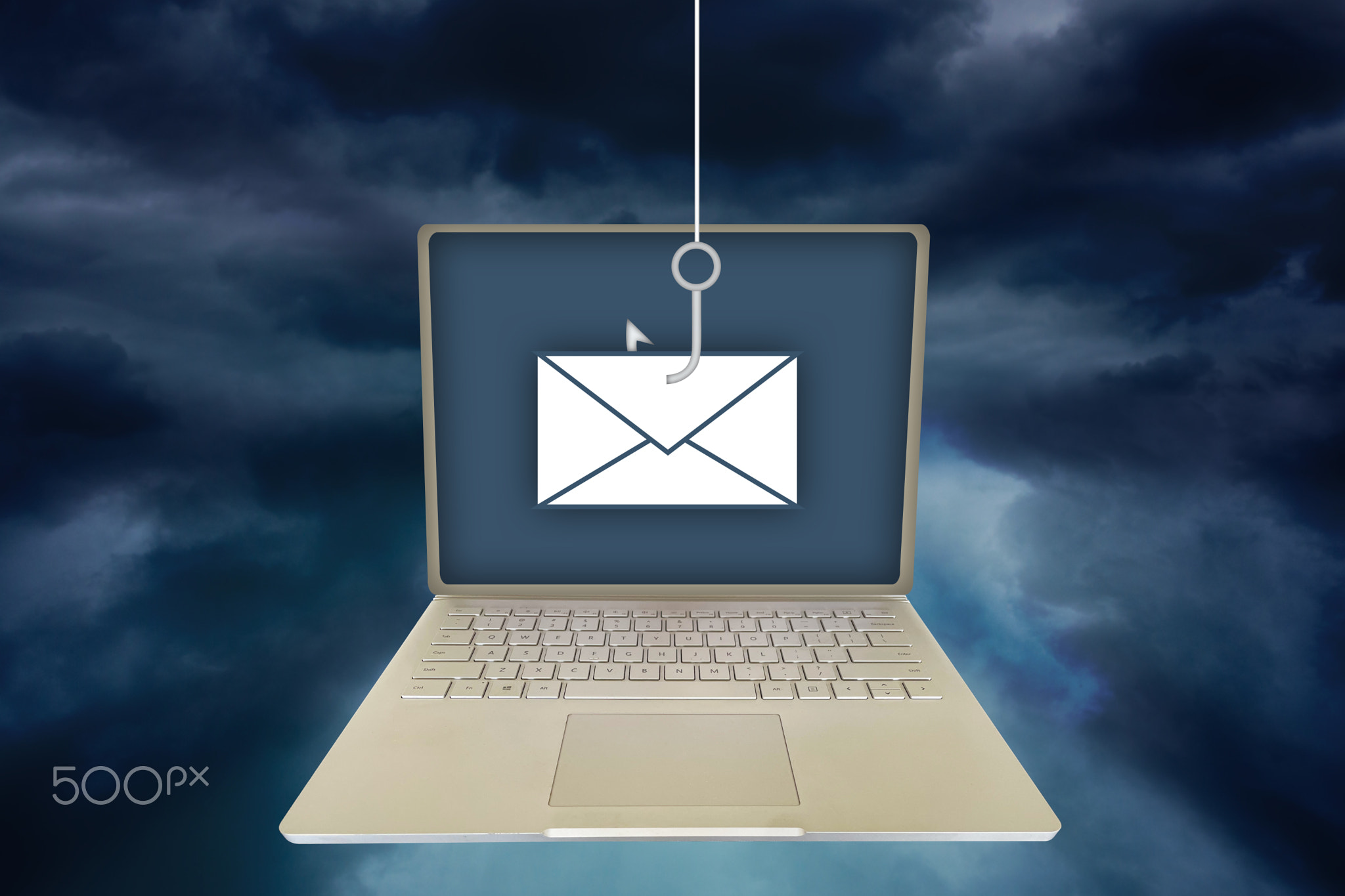 Concept of a phishing attack on a laptop via email to access private information provided by the