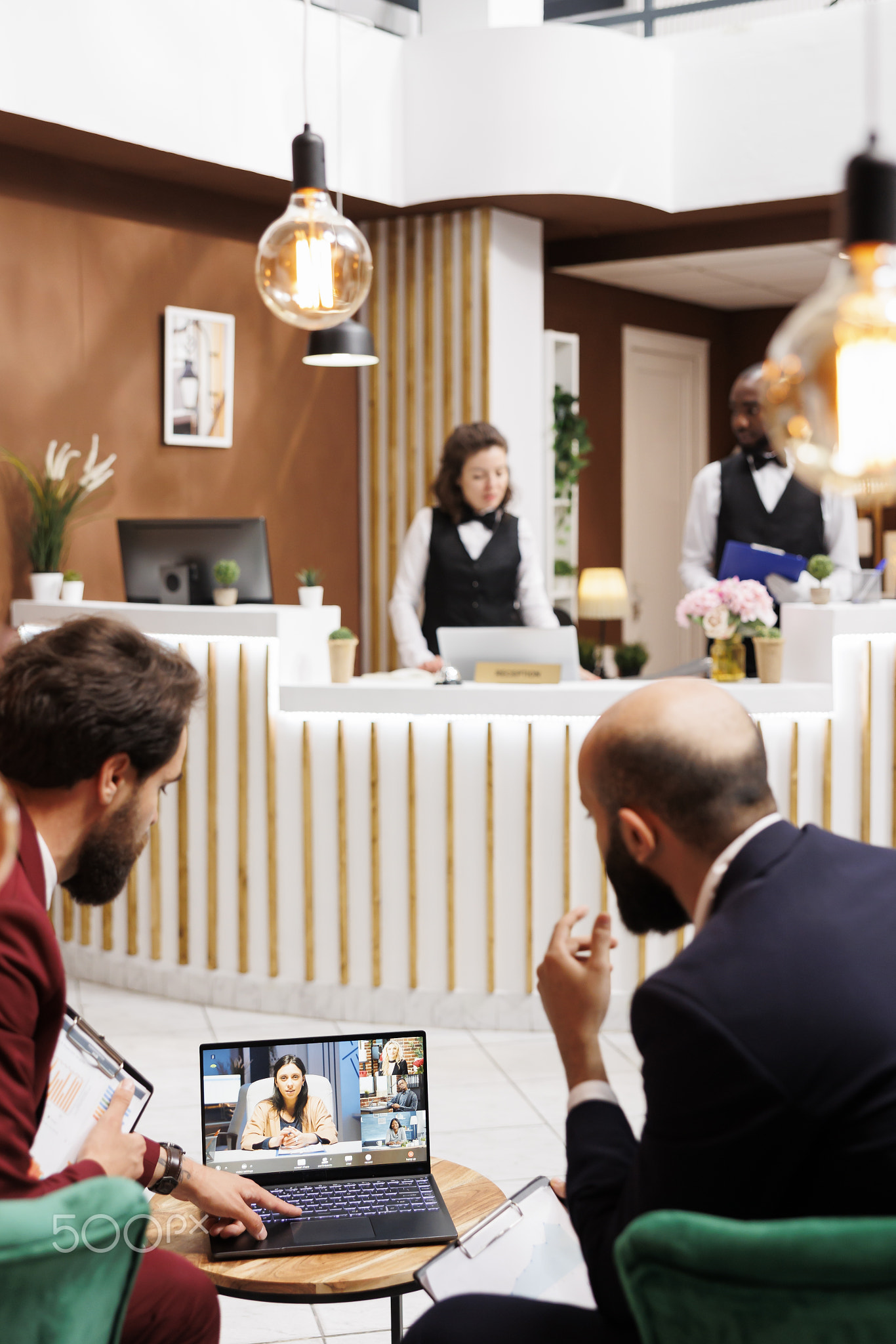 Businessmen talking on videocall online