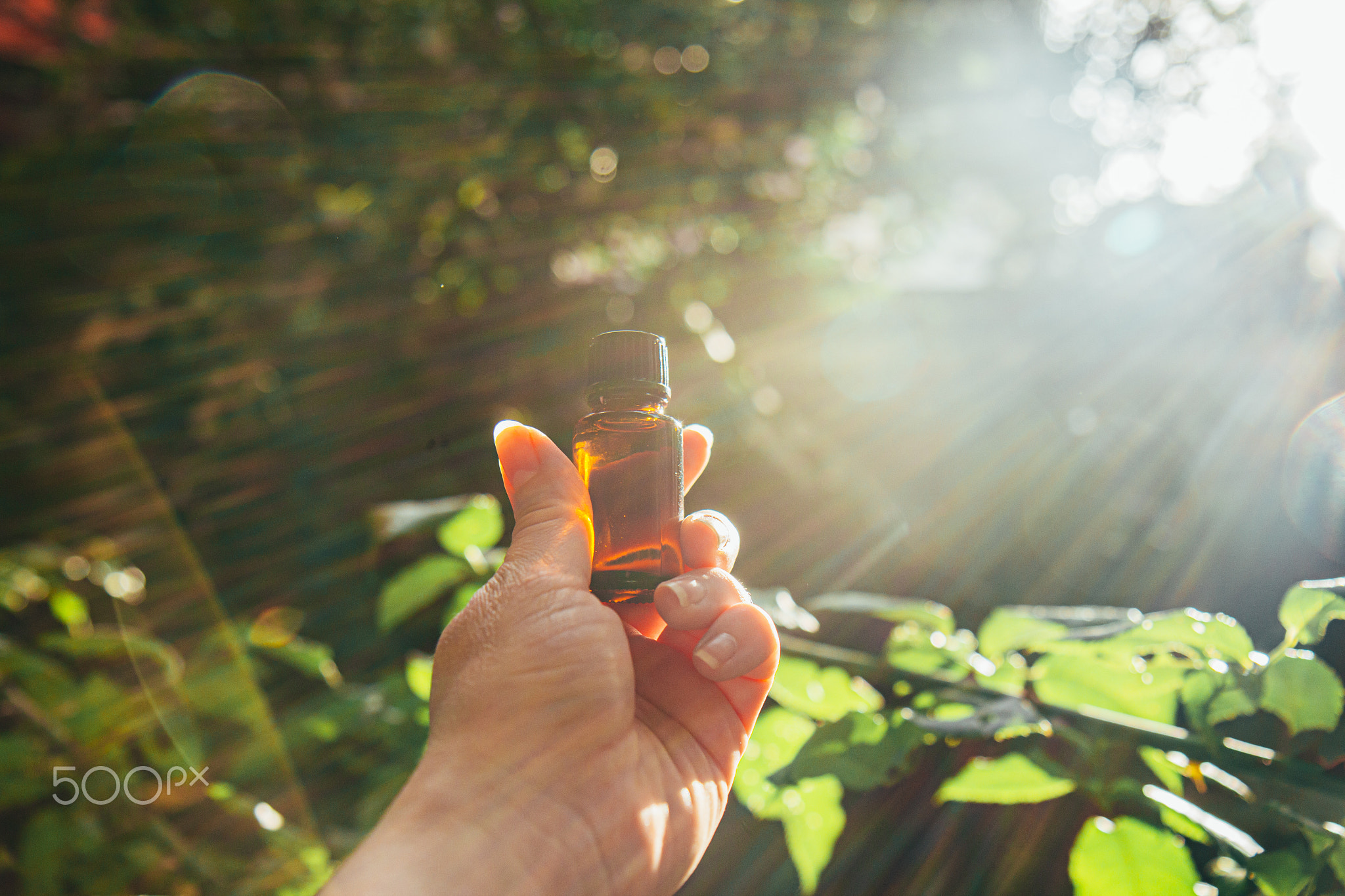 Essential oils glass bottle in the hand of a woman